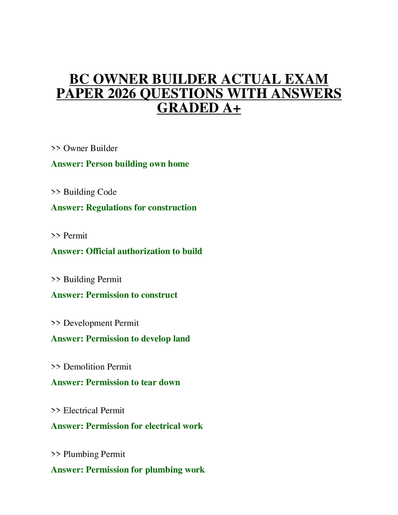 BC OWNER BUILDER ACTUAL EXAM PAPER 2026 QUESTIONS WITH ANSWERS GRADED ...