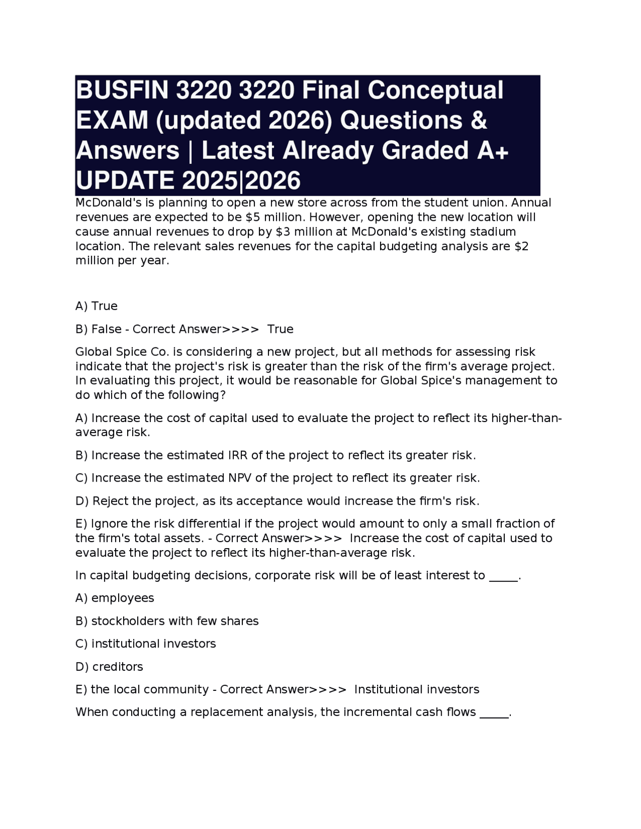 BUSFIN 3220 3220 Final Conceptual EXAM (updated 2026) Questions ...