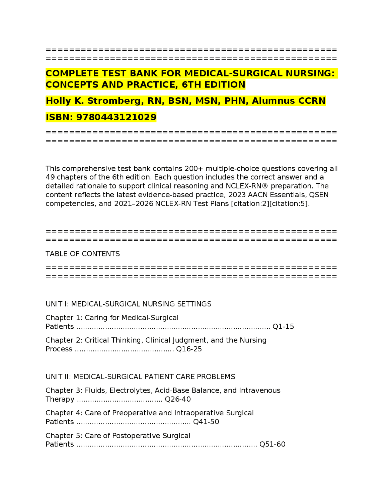 COMPLETE TEST BANK FOR MEDICAL-SURGICAL NURSING: CONCEPTS AND