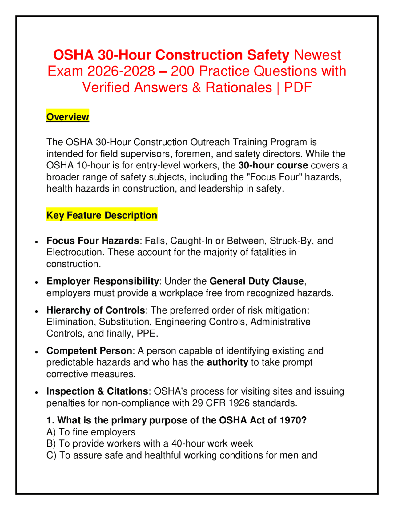 Practice Osh OSHA 30-Hour Construction Safety Newest Exam 2026-2028 – 200 Practice ...