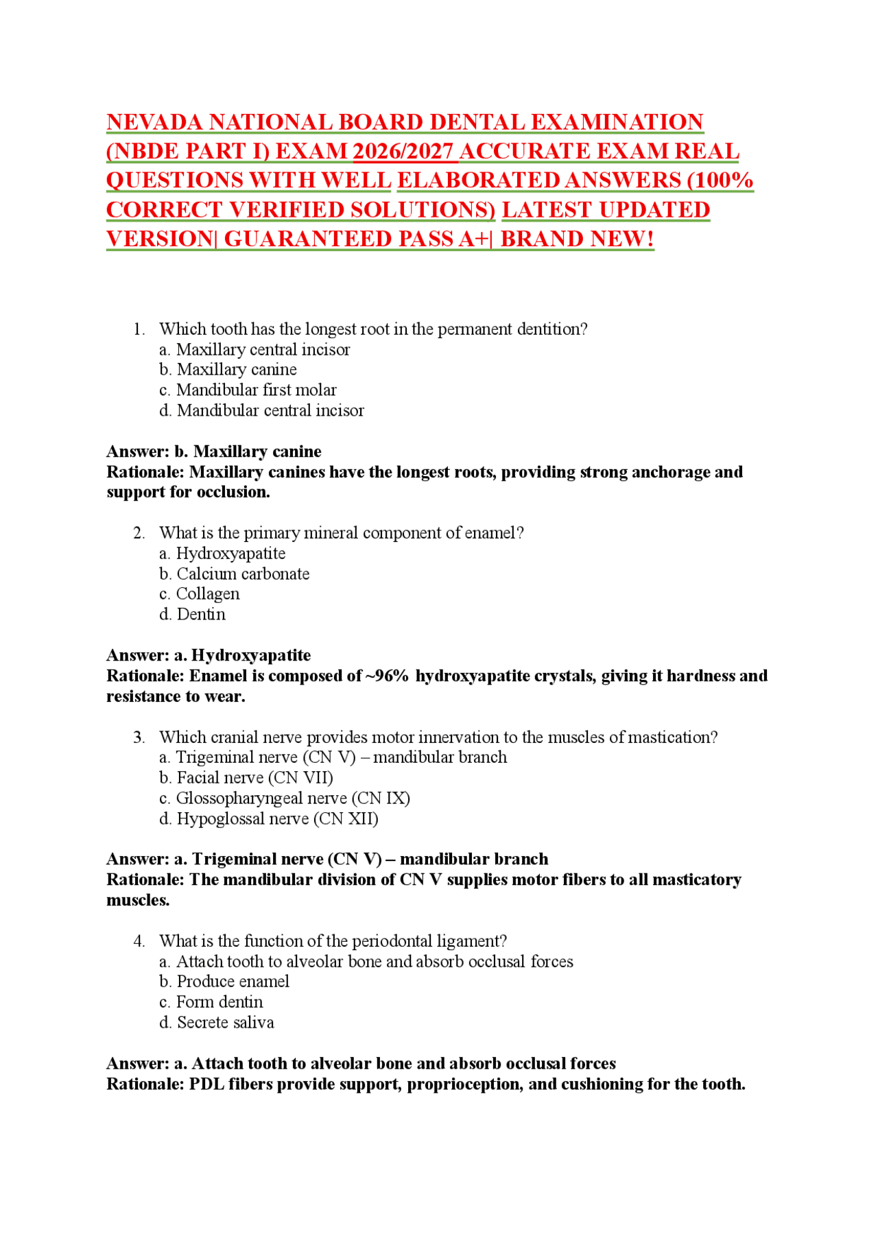 NEVADA NATIONAL BOARD DENTAL EXAMINATION (NBDE PART I) EXAM 2026/2027 ...