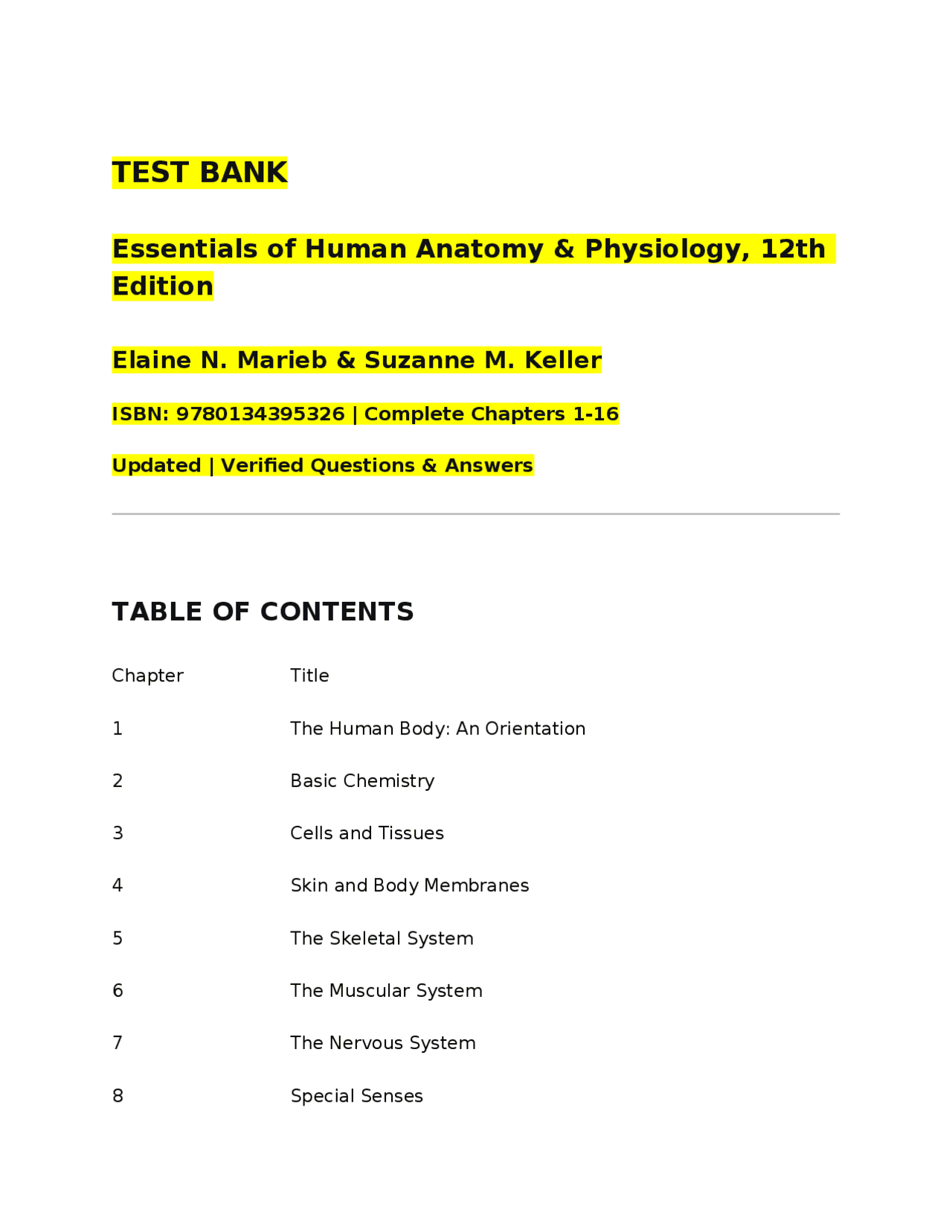 TEST BANK Essentials of Human Anatomy & Physiology, 12th Edition Elaine ...