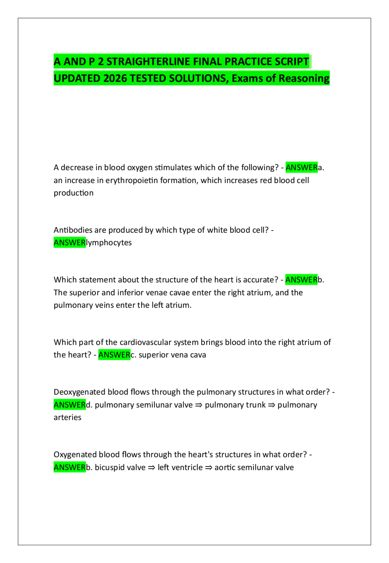 A AND P 2 STRAIGHTERLINE FINAL PRACTICE SCRIPT UPDATED 2026 TESTED ...