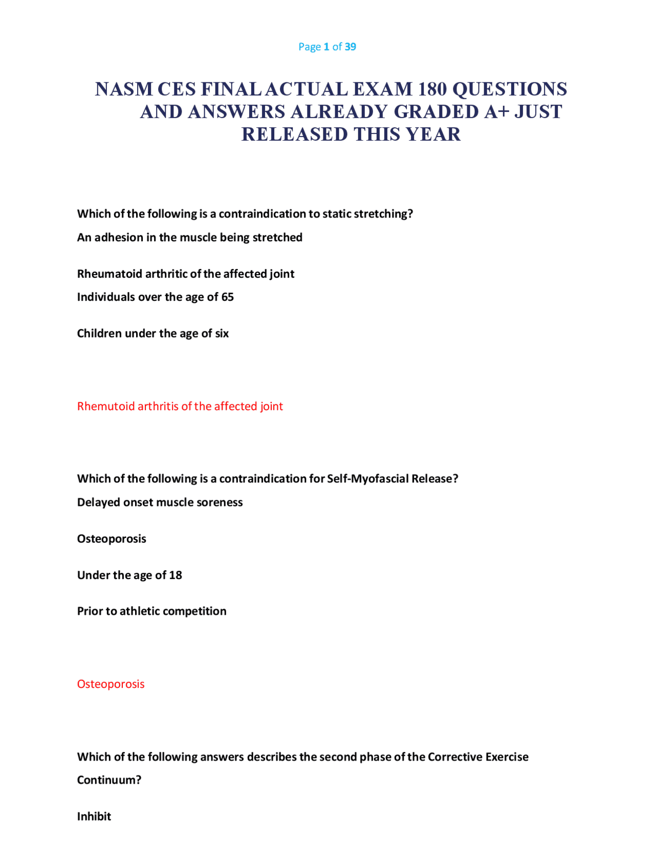 NASM CES FINAL ACTUAL EXAM 180 QUESTIONS AND ANSWERS ALREADY GRADED A+ ...