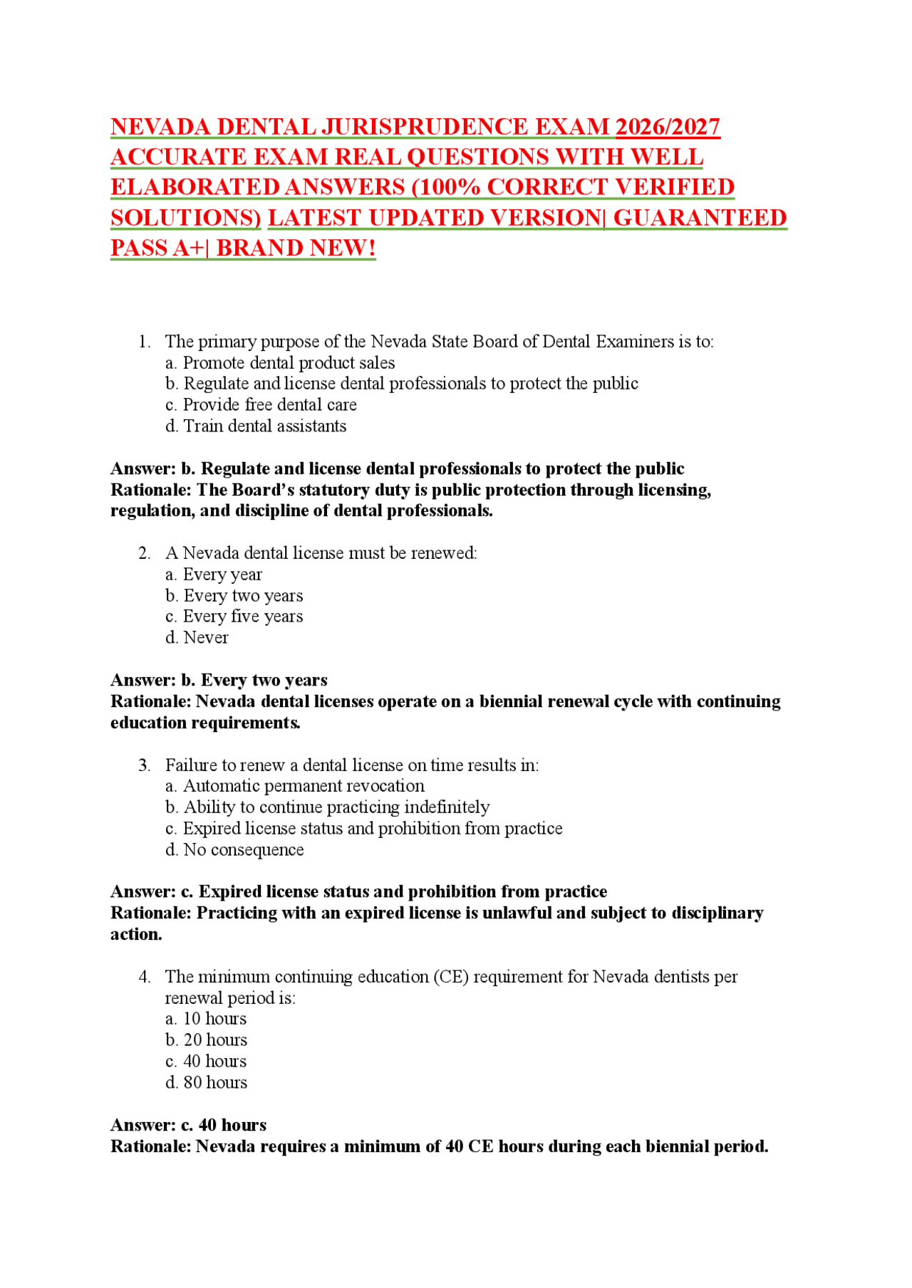 NEVADA DENTAL JURISPRUDENCE EXAM 2026/2027 ACCURATE EXAM REAL QUESTIONS ...