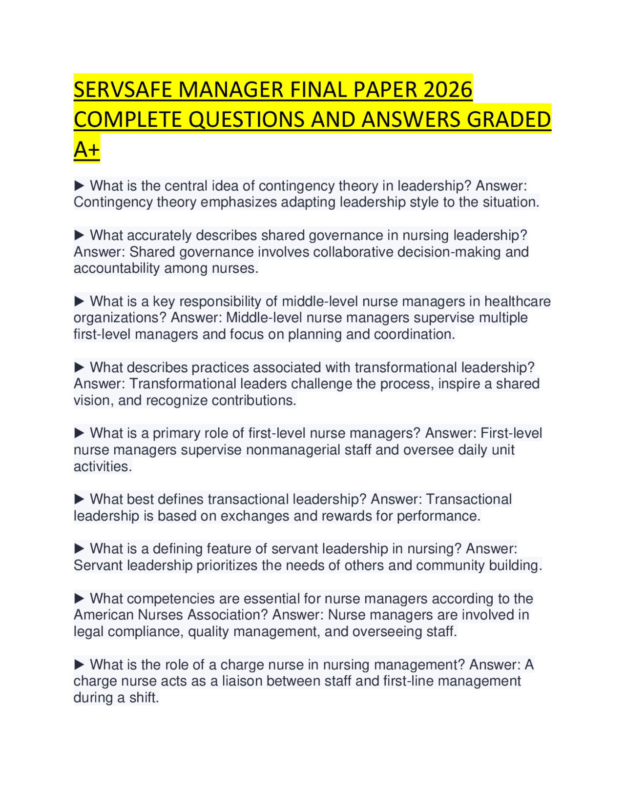SERVSAFE MANAGER FINAL PAPER 2026 COMPLETE QUESTIONS AND ANSWERS GRADED ...