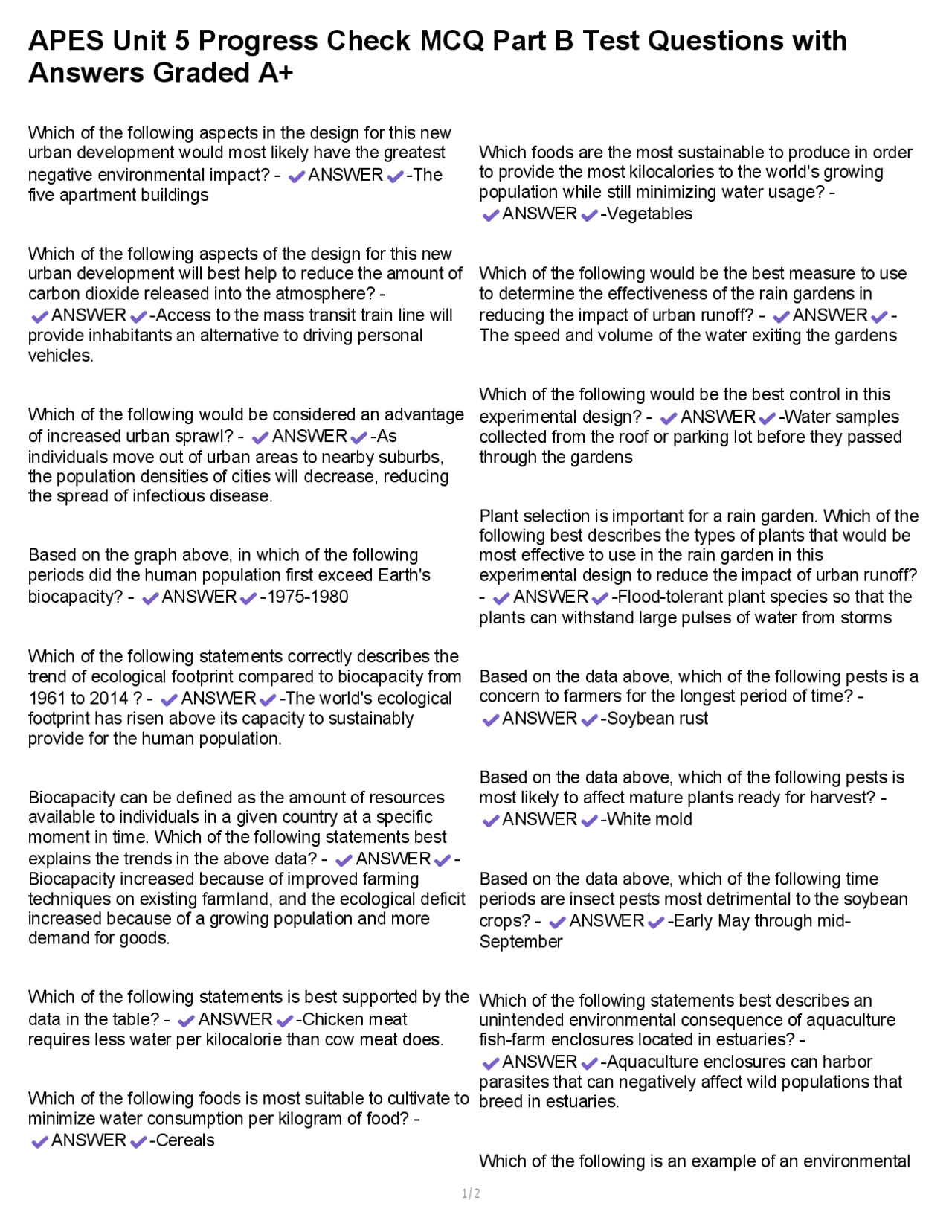 APES Unit 5 Progress Check MCQ Part B Test Questions with Answers ...