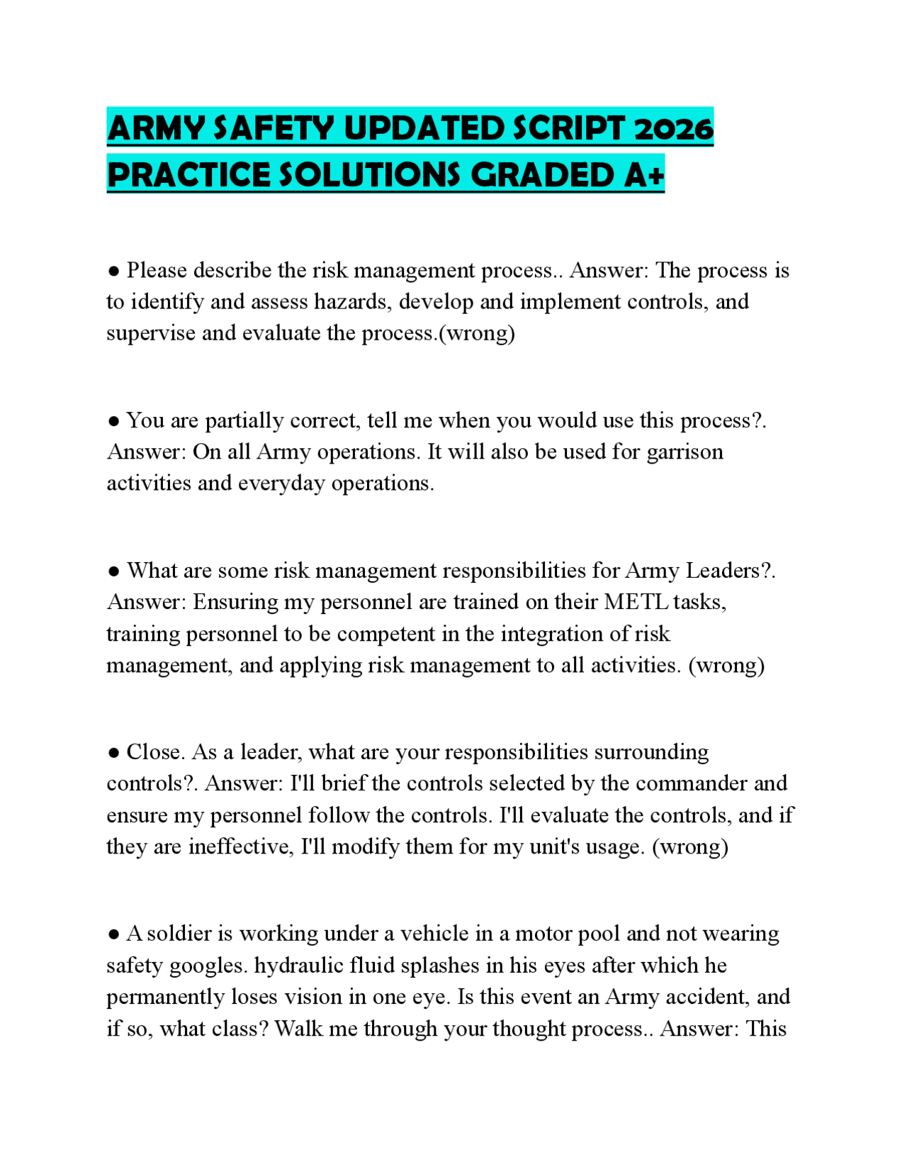 ARMY SAFETY UPDATED SCRIPT 2026 PRACTICE SOLUTIONS GRADED A+ | Exams ...