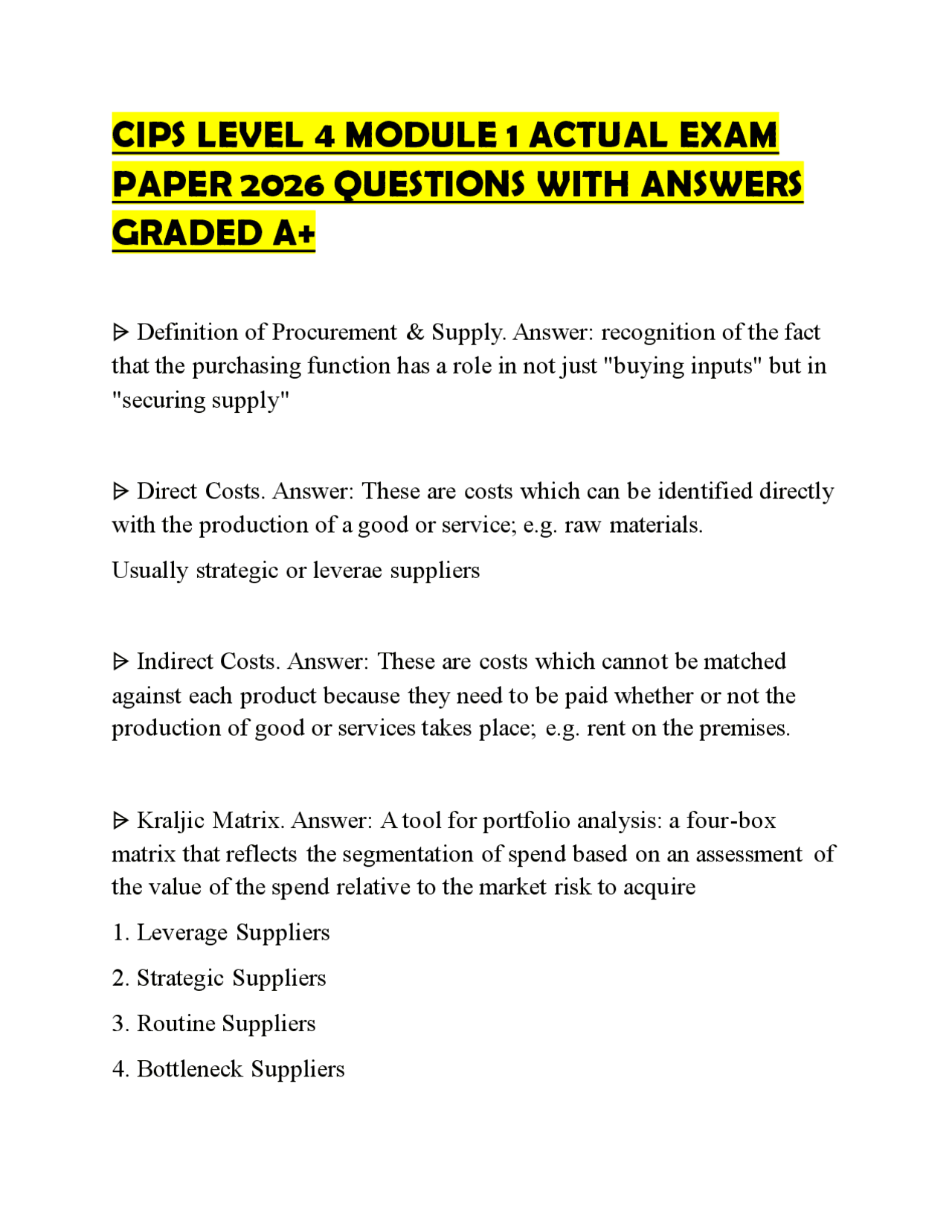 CIPS LEVEL 4 MODULE 1 ACTUAL EXAM PAPER 2026 QUESTIONS WITH ANSWERS ...