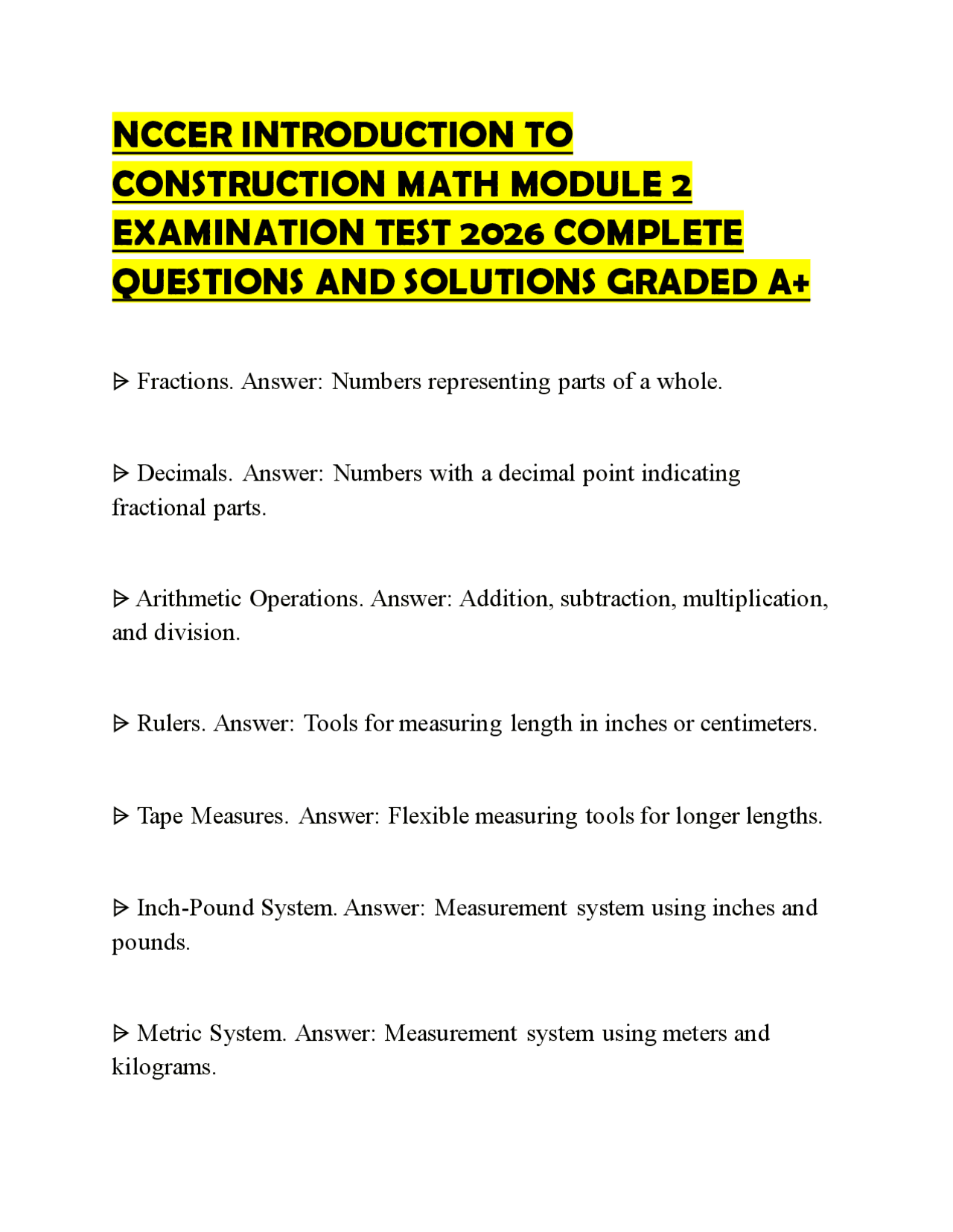 NCCER INTRODUCTION TO CONSTRUCTION MATH MODULE 2 EXAMINATION TEST 2026 ...