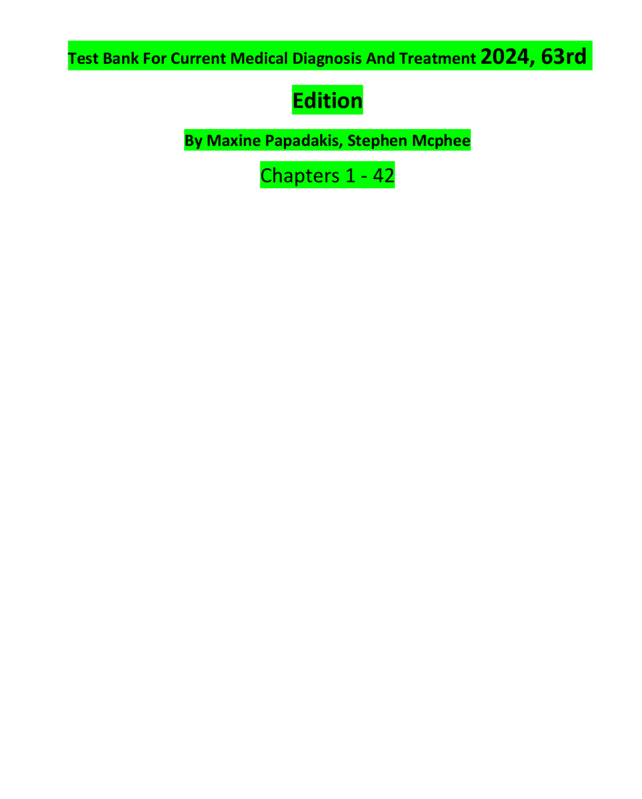 TEST BANK for Current Medical Diagnosis and Treatment 2024, 63rd ...