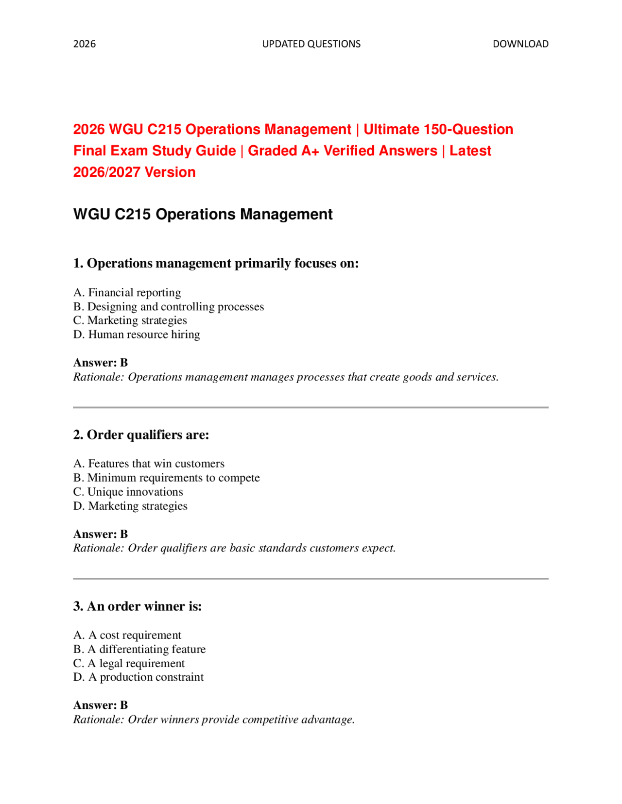WGU C215 Operations Management OA Study Guide: 150 Q&A (2026/27 ...
