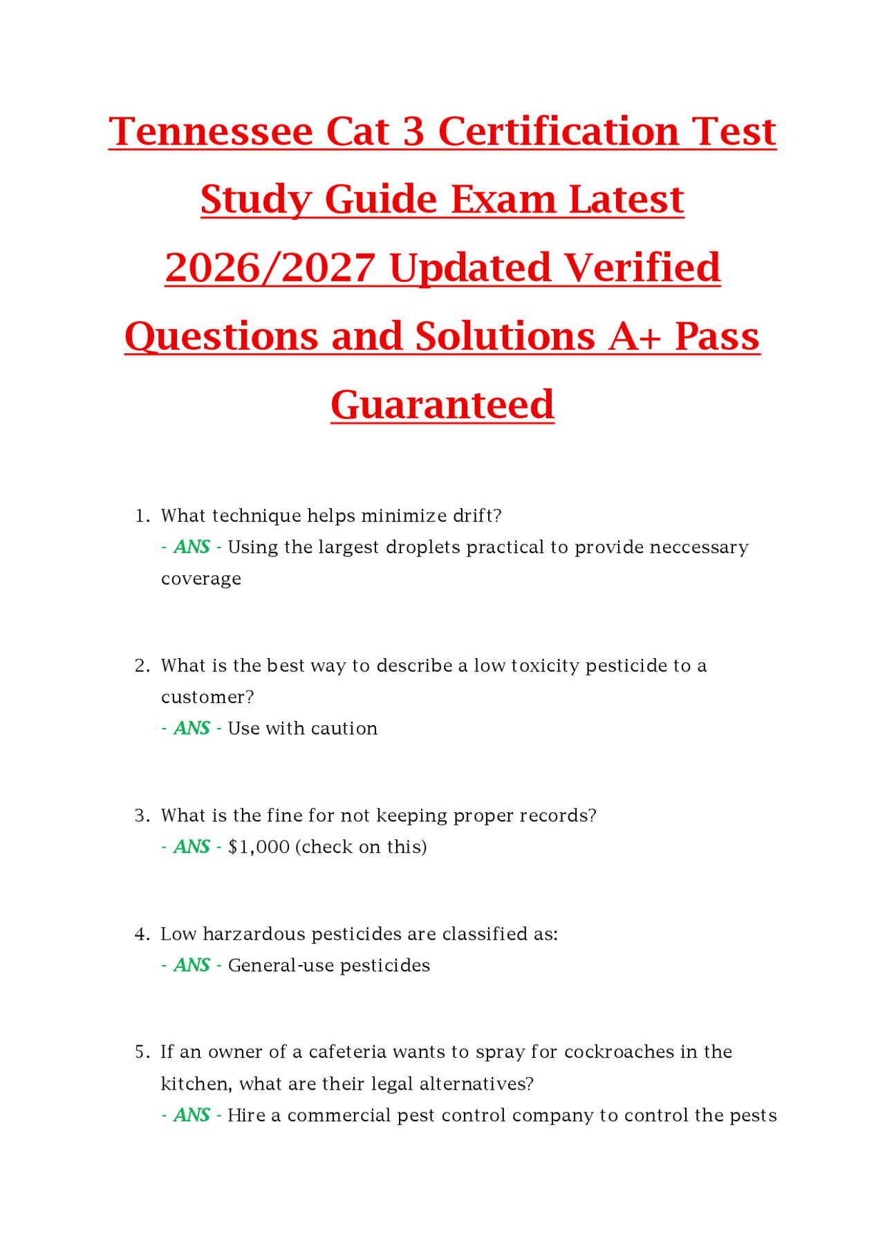 Tennessee Cat 3 Certification Test Study Guide Exam Latest 2026/2027 Updated Verified | Exams ...