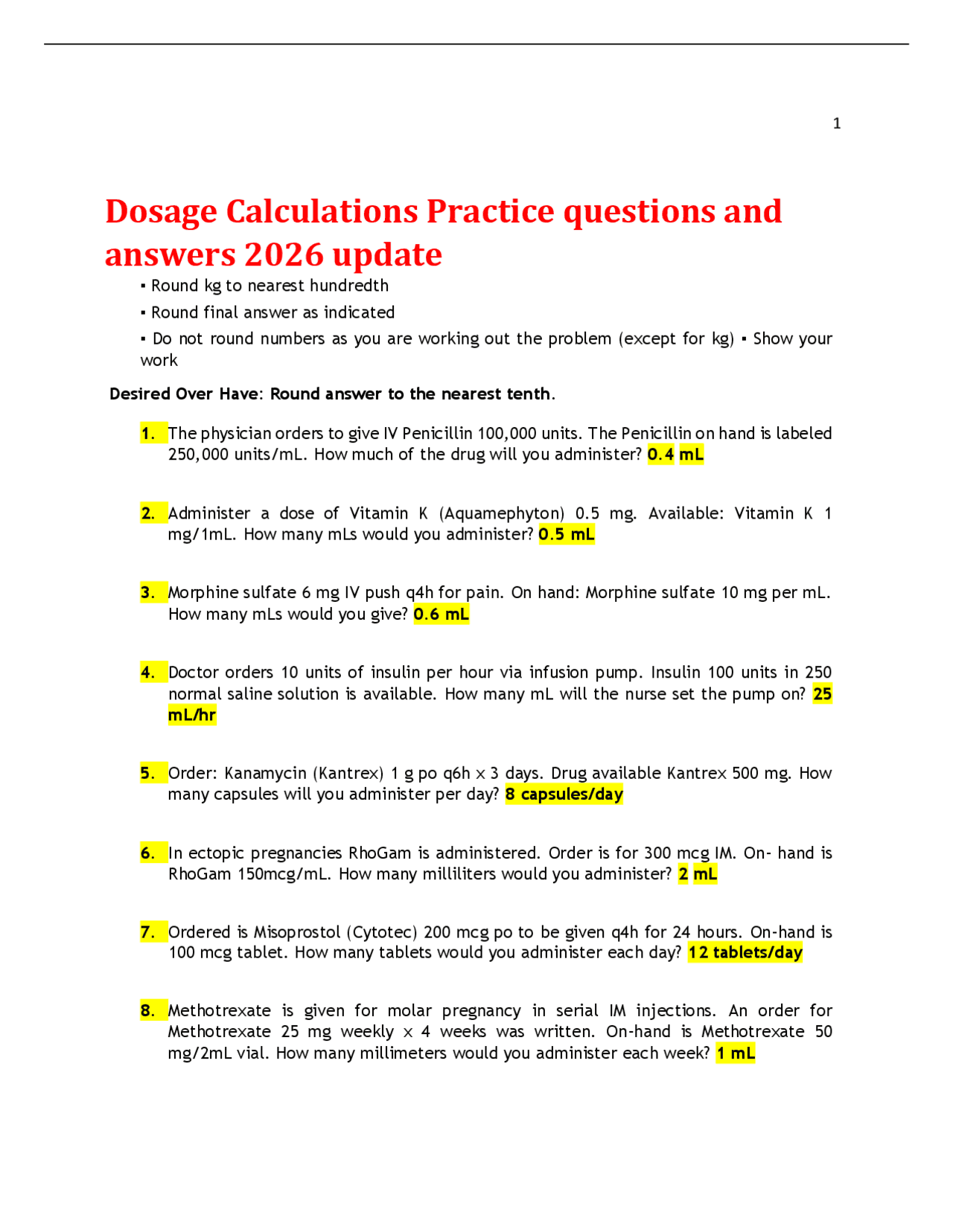 Dosage Calculations Practice questions and answers 2026 update | Exams ...