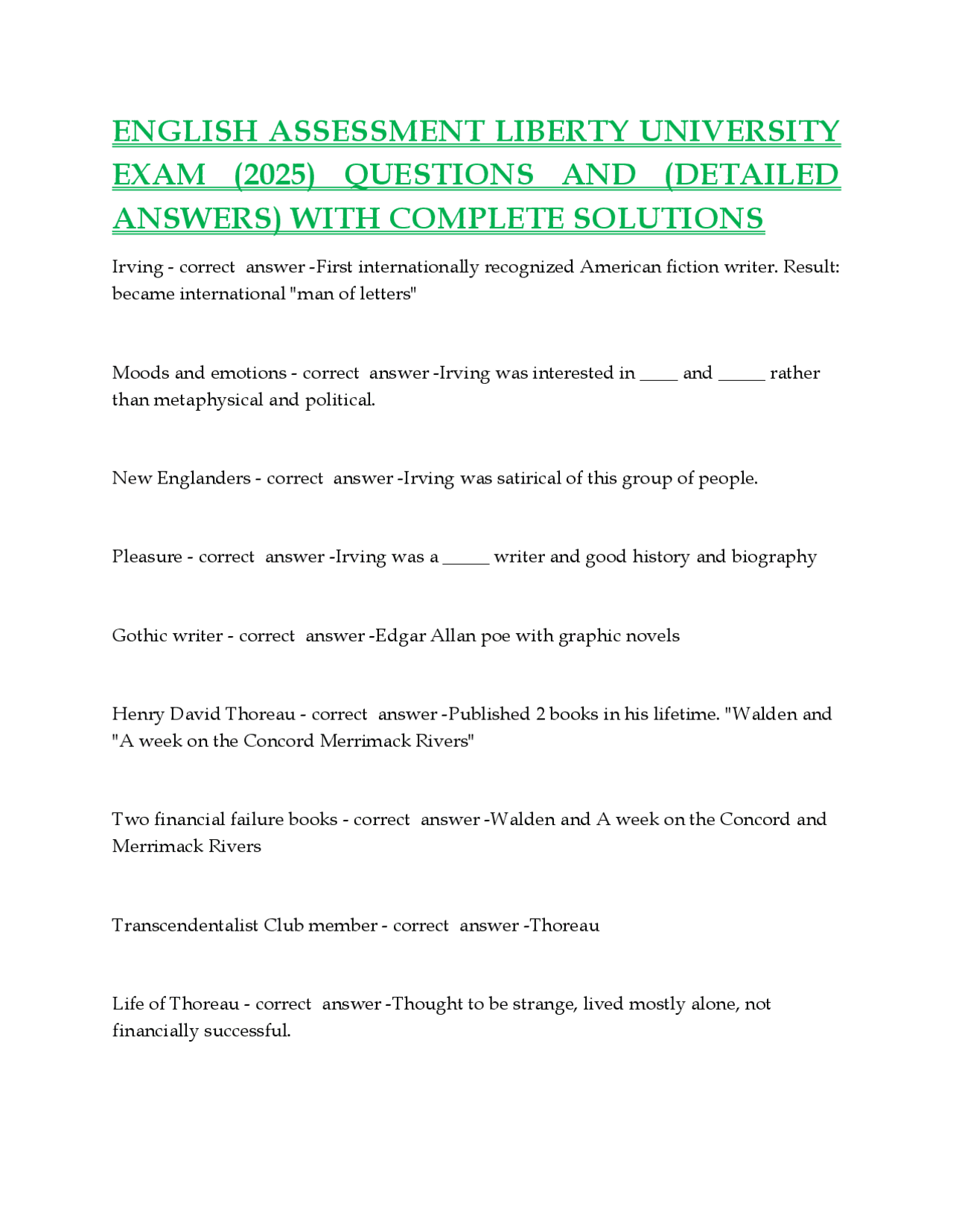 ENGLISH ASSESSMENT LIBERTY UNIVERSITY EXAM (2025) QUESTIONS AND ...