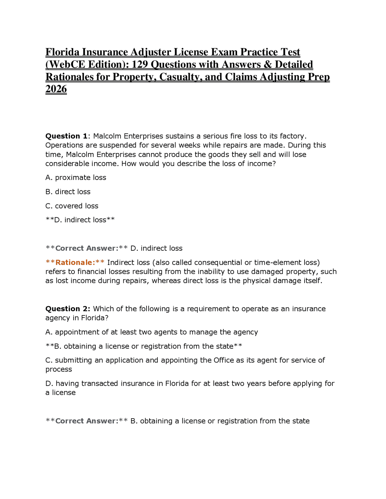 Florida Insurance Adjuster License Exam Practice Test – WebCE Edition 2026-2027 with Answe ...