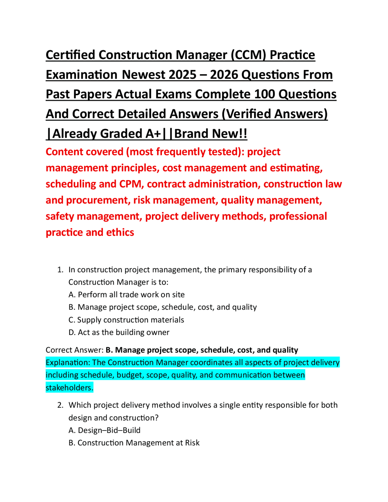 Certified Construction Manager (CCM) Practice Examination Newest 2025 ...