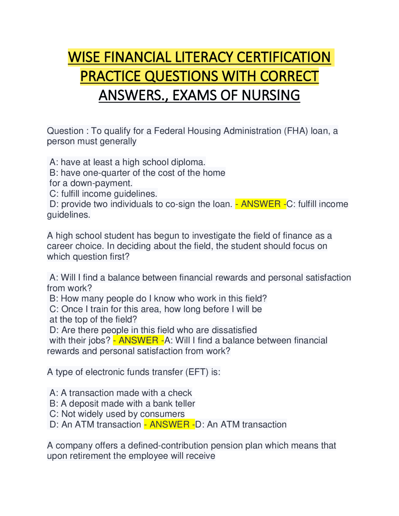 WISE FINANCIAL LITERACY CERTIFICATION PRACTICE QUESTIONS WITH CORRECT ...