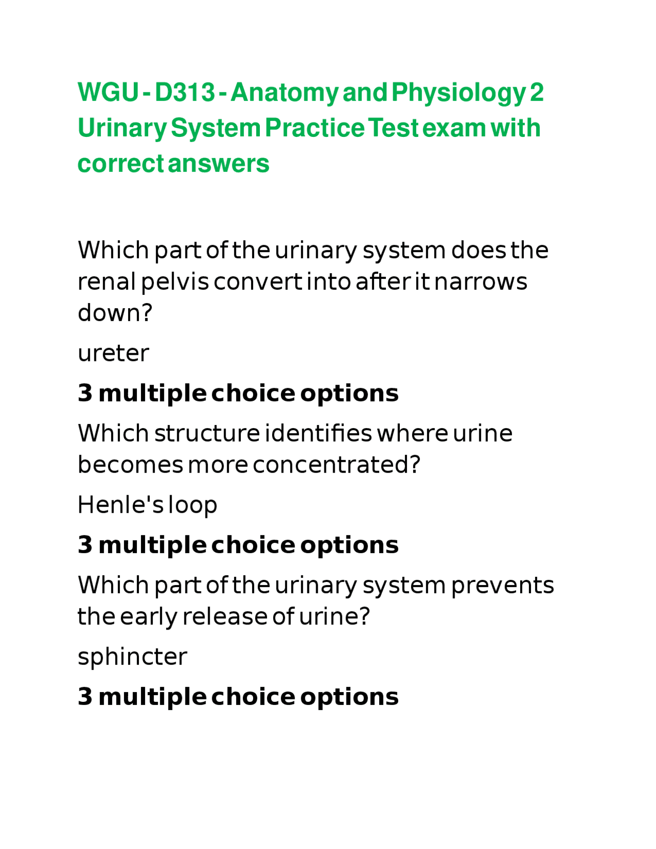 WGU - D313 - Anatomy and Physiology 2 Urinary System Practice Test exam ...