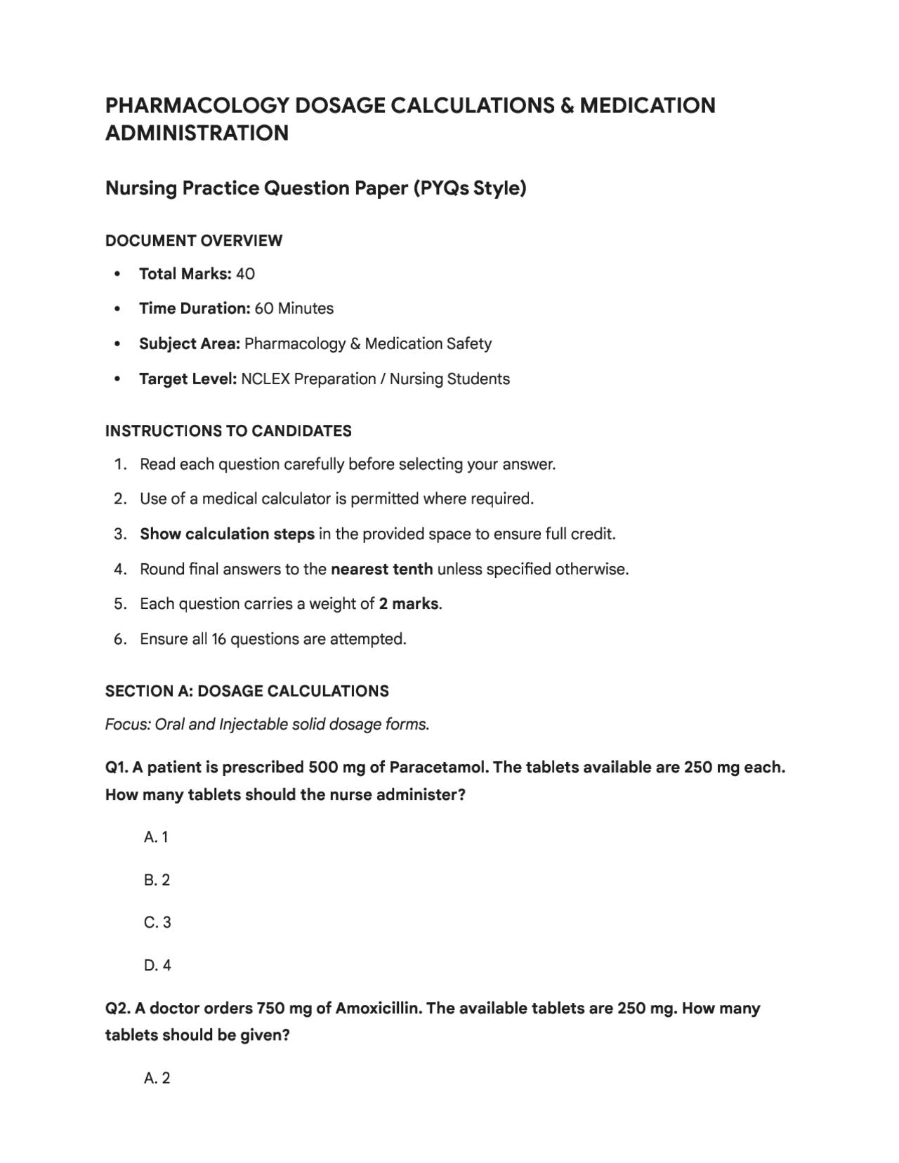 Pharmacology Dosage Calculations Nursing Practice Questions with ...