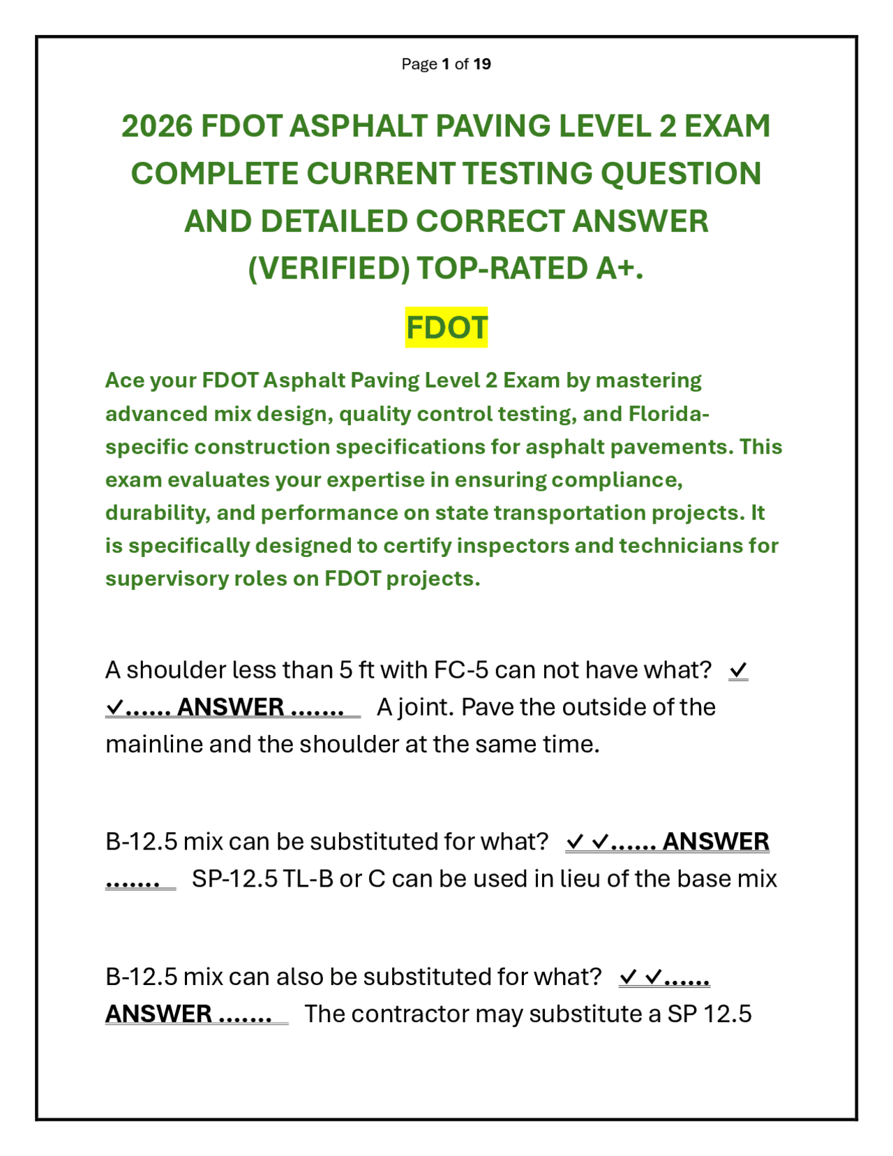 Fdot Construction Math Answer Key 2026 FDOT ASPHALT PAVING LEVEL 2 EXAM QUESTION AND ANSWER | Exams ...