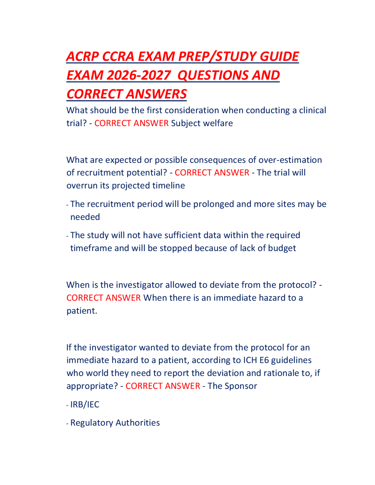 ACRP CCRA EXAM PREP/STUDY GUIDE EXAM 2026-2027 QUESTIONS AND CORRECT ...