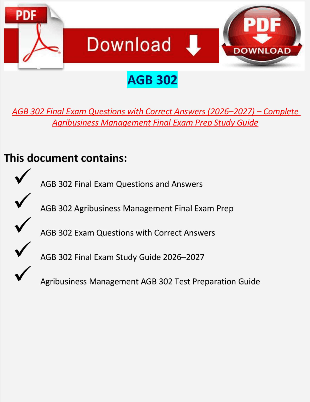 AGB 302 Final Exam Questions with Correct Answers (2026–2027) – Complete Agribusiness Mana ...