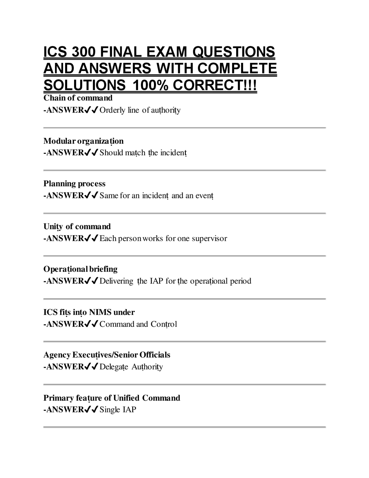 Cipd Ics Exammatrix Test Example ICS 300 FINAL EXAM QUESTIONS AND ANSWERS WITH COMPLETE SOLUTIONS 100% ...