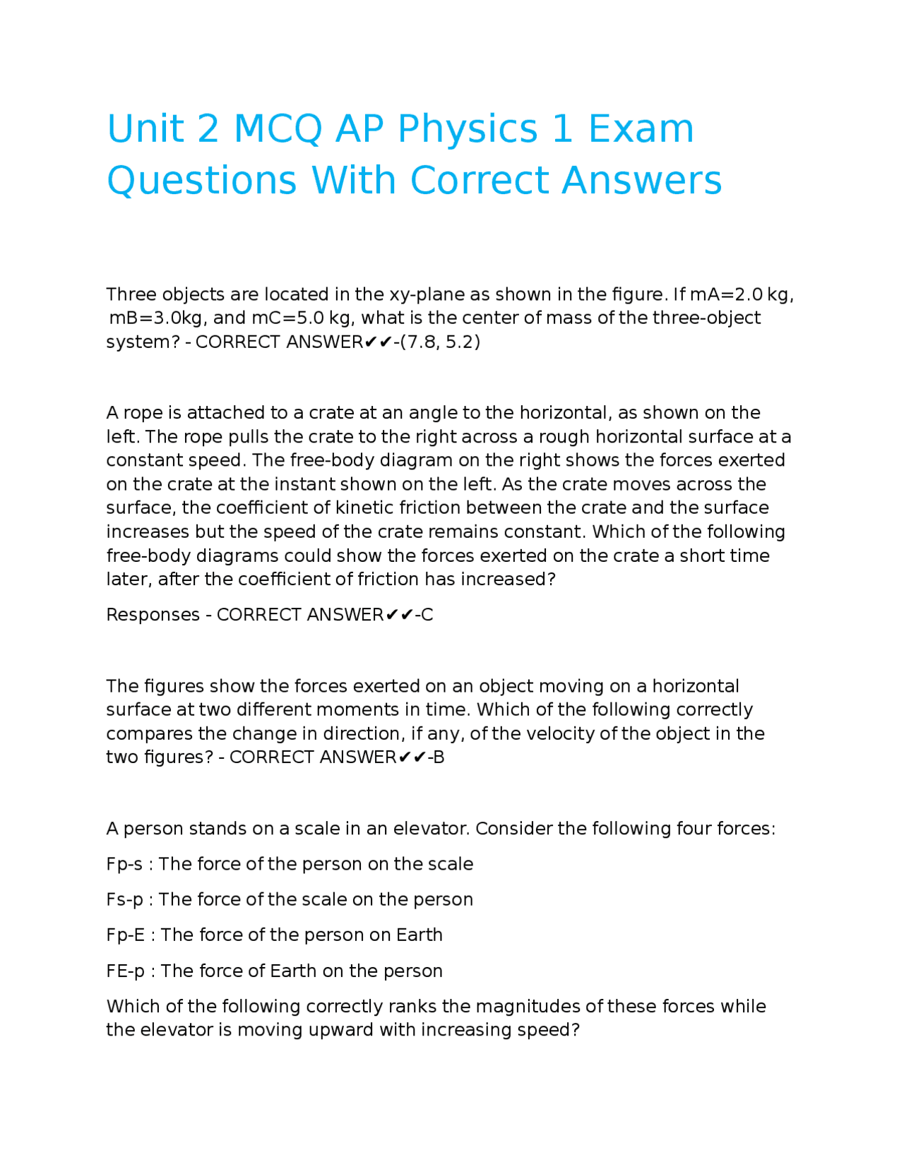 Unit 2 MCQ AP Physics 1 Exam Questions With Correct Answers. | Exams ...