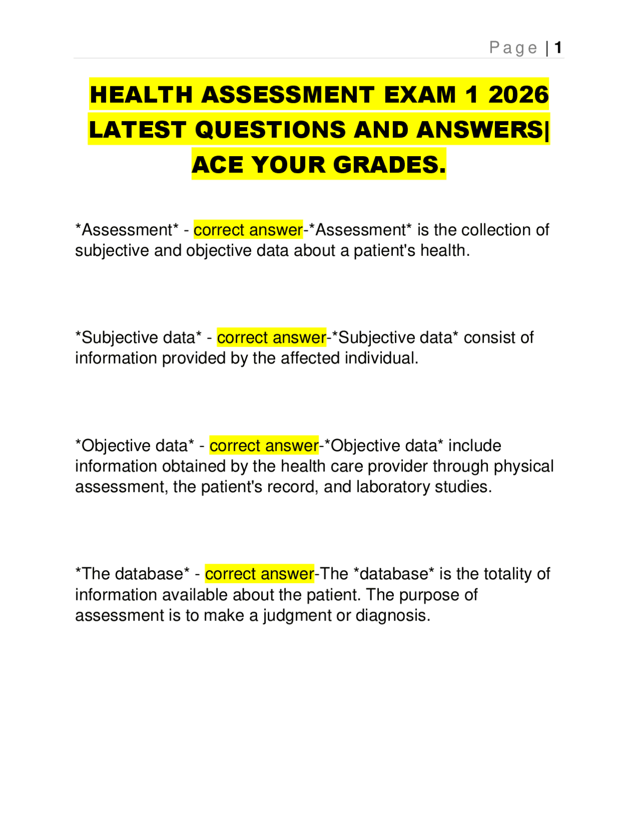 HEALTH ASSESSMENT EXAM 1 2026 LATEST QUESTIONS AND ANSWERS| ACE YOUR ...