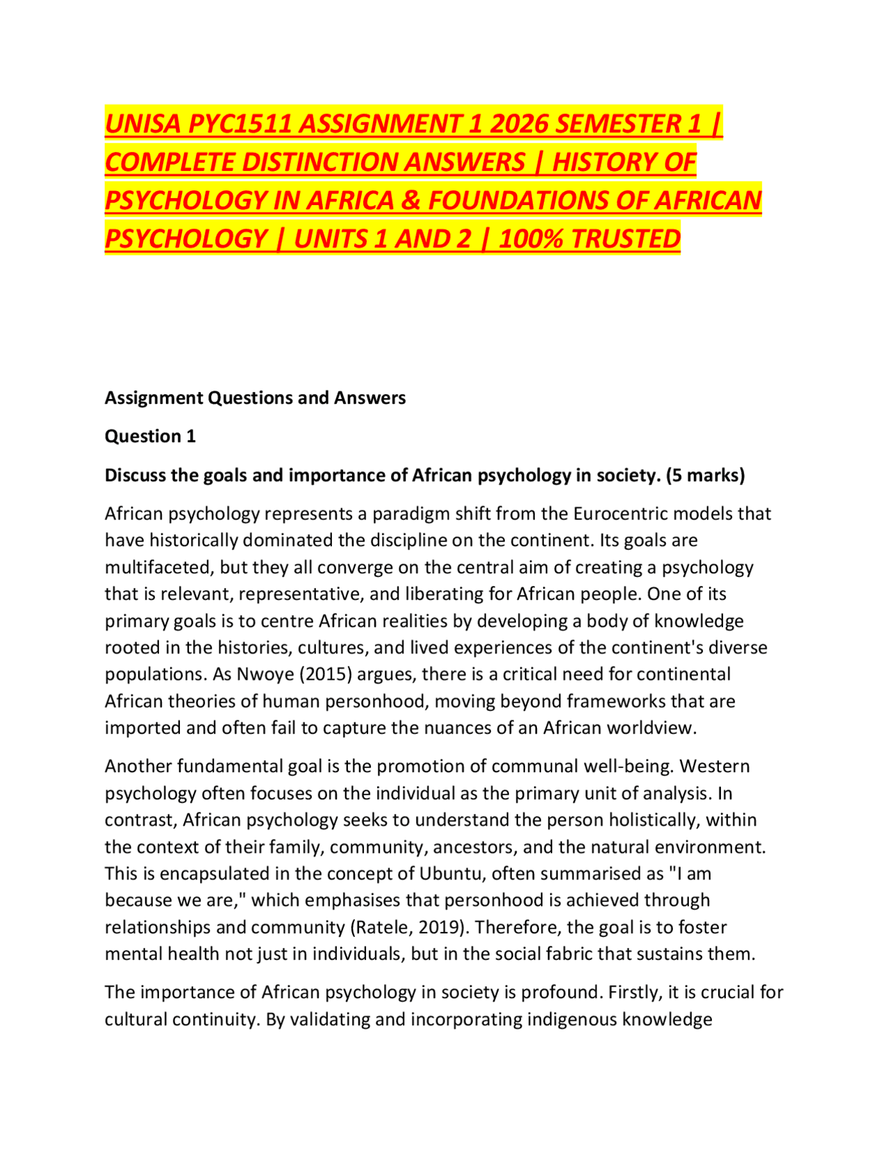 UNISA PYC1511 ASSIGNMENT 1 2026 SEMESTER 1 | COMPLETE DISTINCTION ...