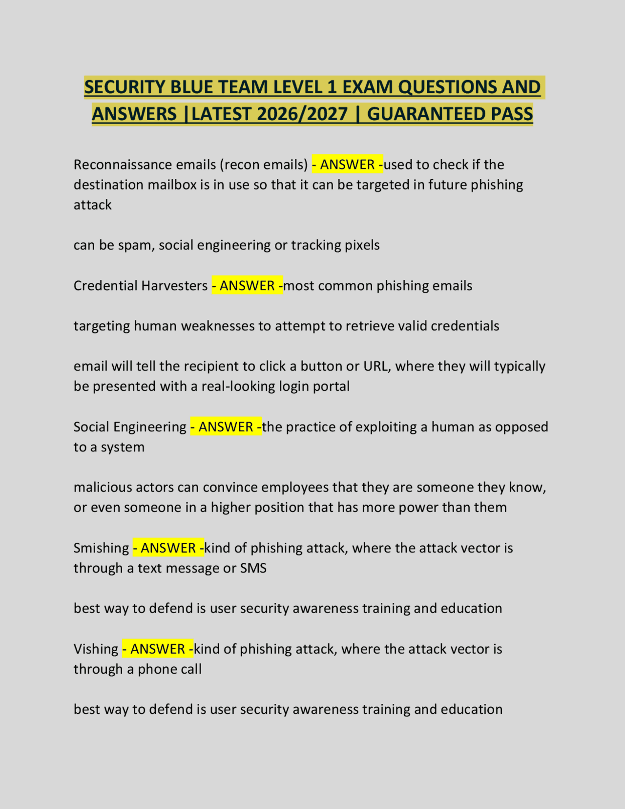 SECURITY BLUE TEAM LEVEL 1 EXAM QUESTIONS AND ANSWERS |LATEST 2026/2027 ...