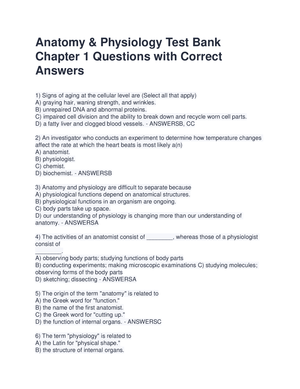Anatomy & Physiology Test Bank Chapter 1 Questions w | Exams Nursing ...