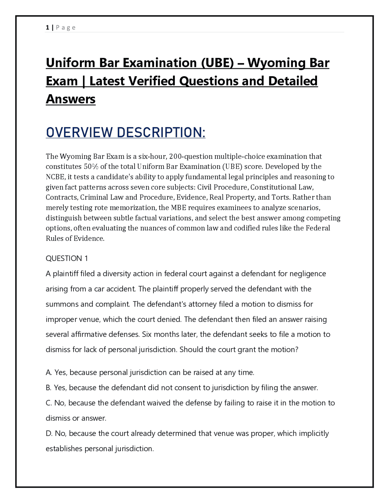 Uniform Bar Examination (UBE) – Wyoming Bar Exam | Latest Questions and ...