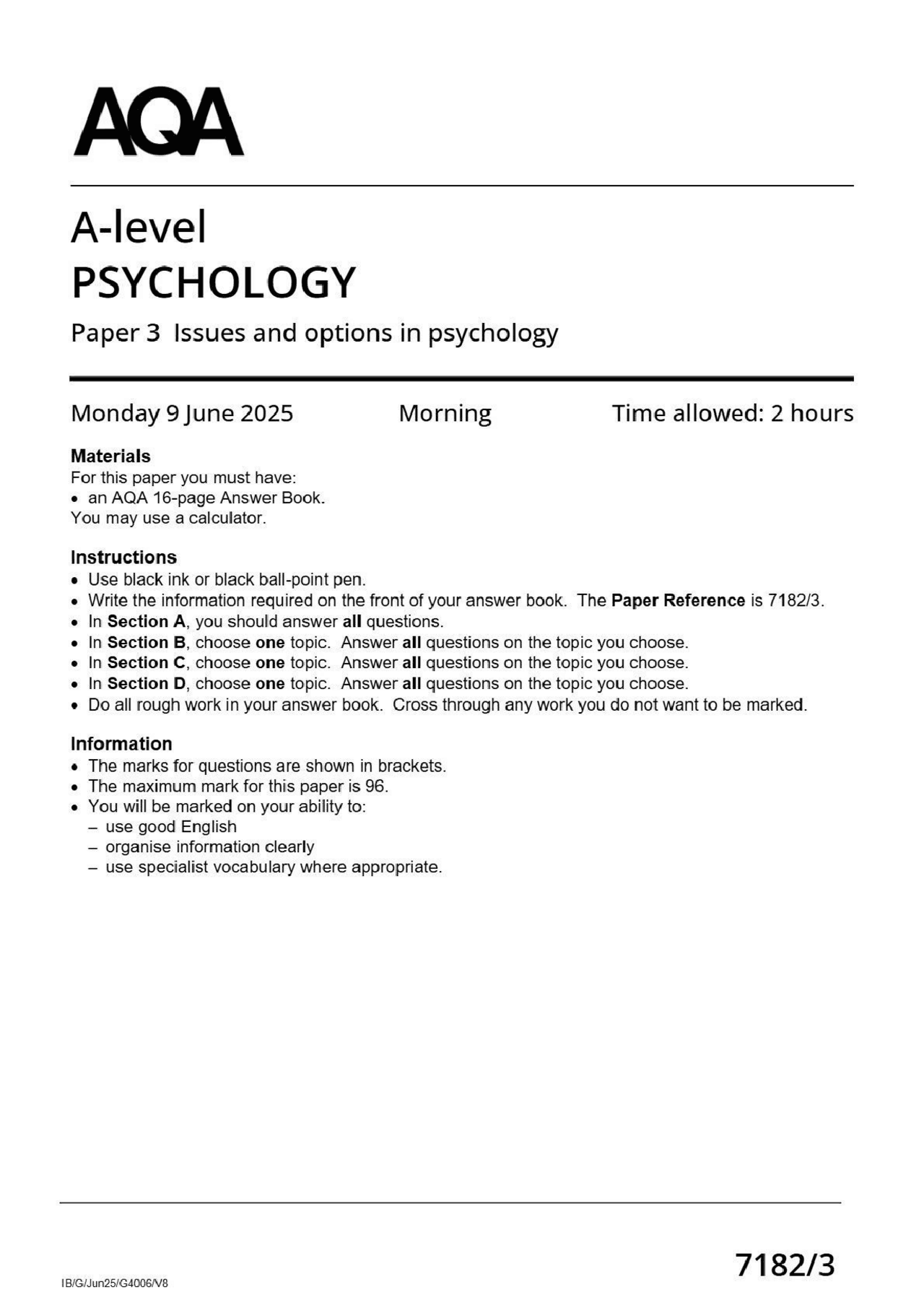 2025 AQA A-level PSYCHOLOGY Paper 3 Question paper | Papers Psychology ...
