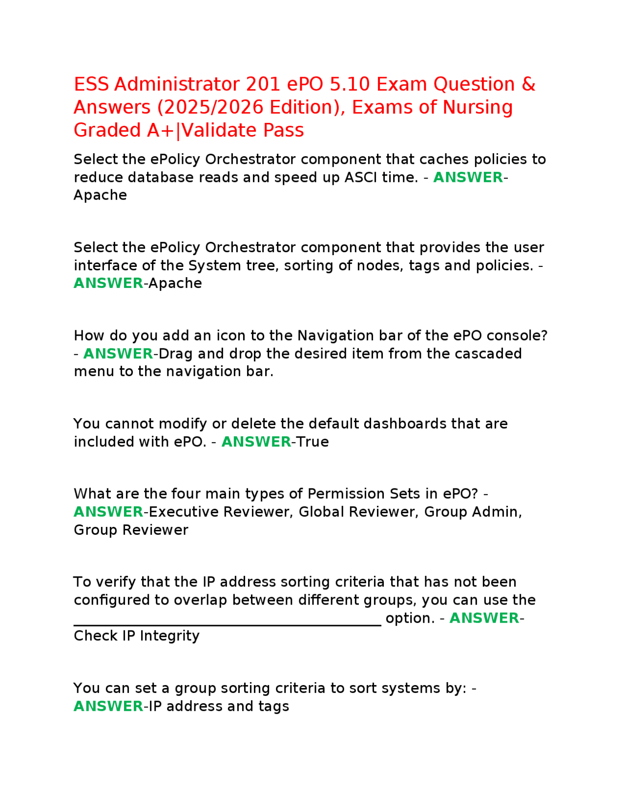 ESS Administrator 201 ePO 5.10 Exam Question & Answers (2025/2026 ...