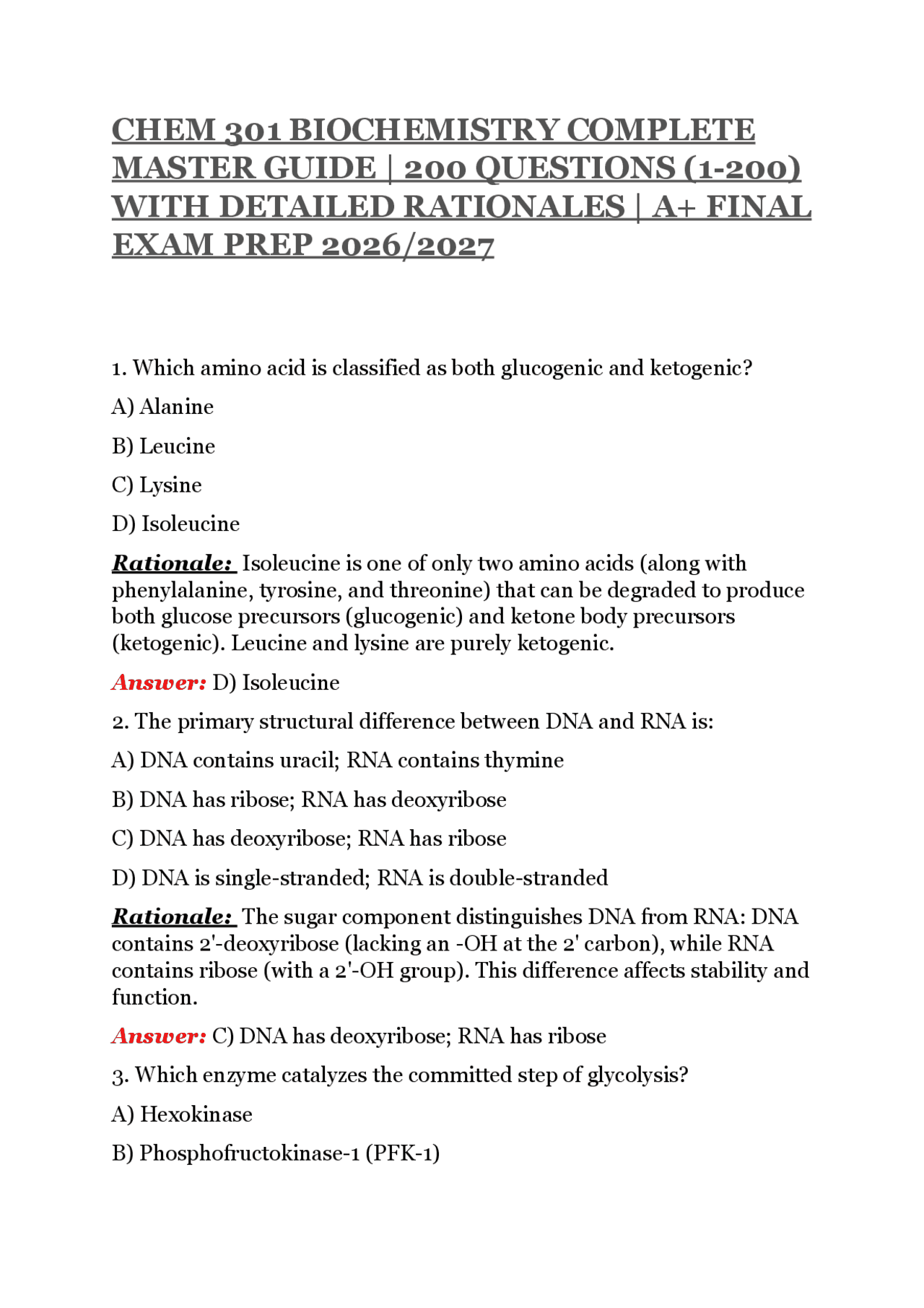 CHEM 301 BIOCHEMISTRY COMPLETE MASTER GUIDE | 200 QUESTIONS (1-200 ...