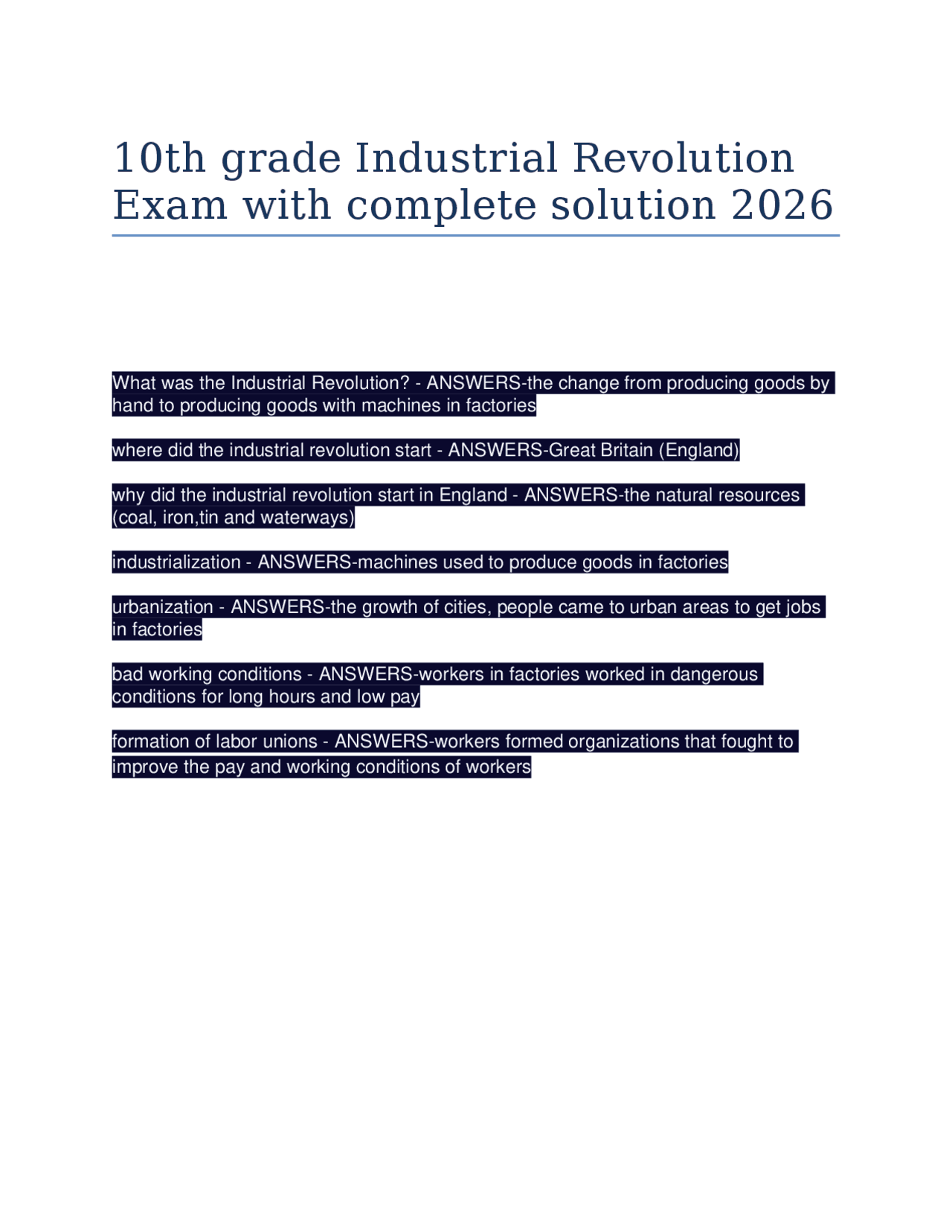 10th grade Industrial Revolution Exam with complete solution 2026 ...