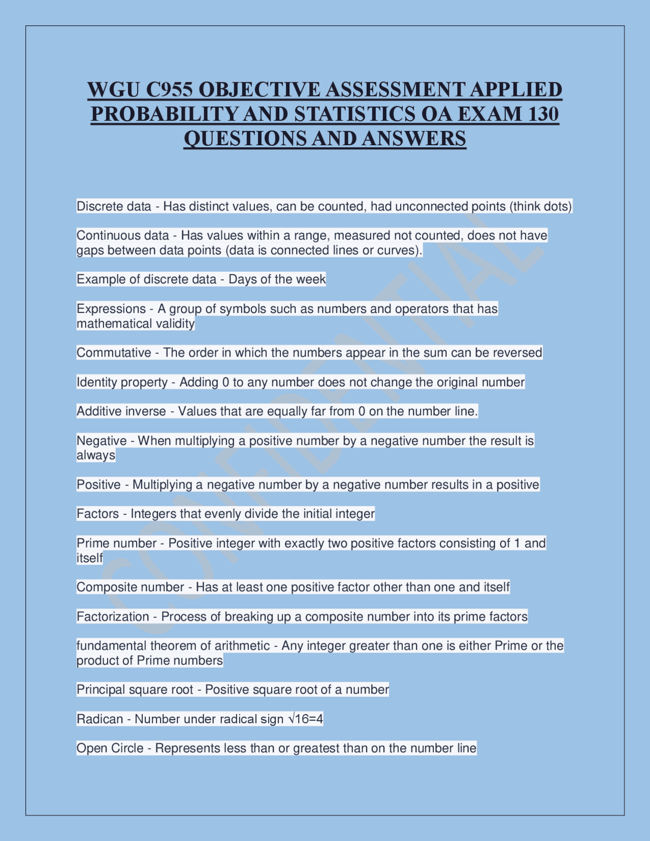 WGU C955 OBJECTIVE ASSESSMENT APPLIED PROBABILITY AND STATISTICS OA ...