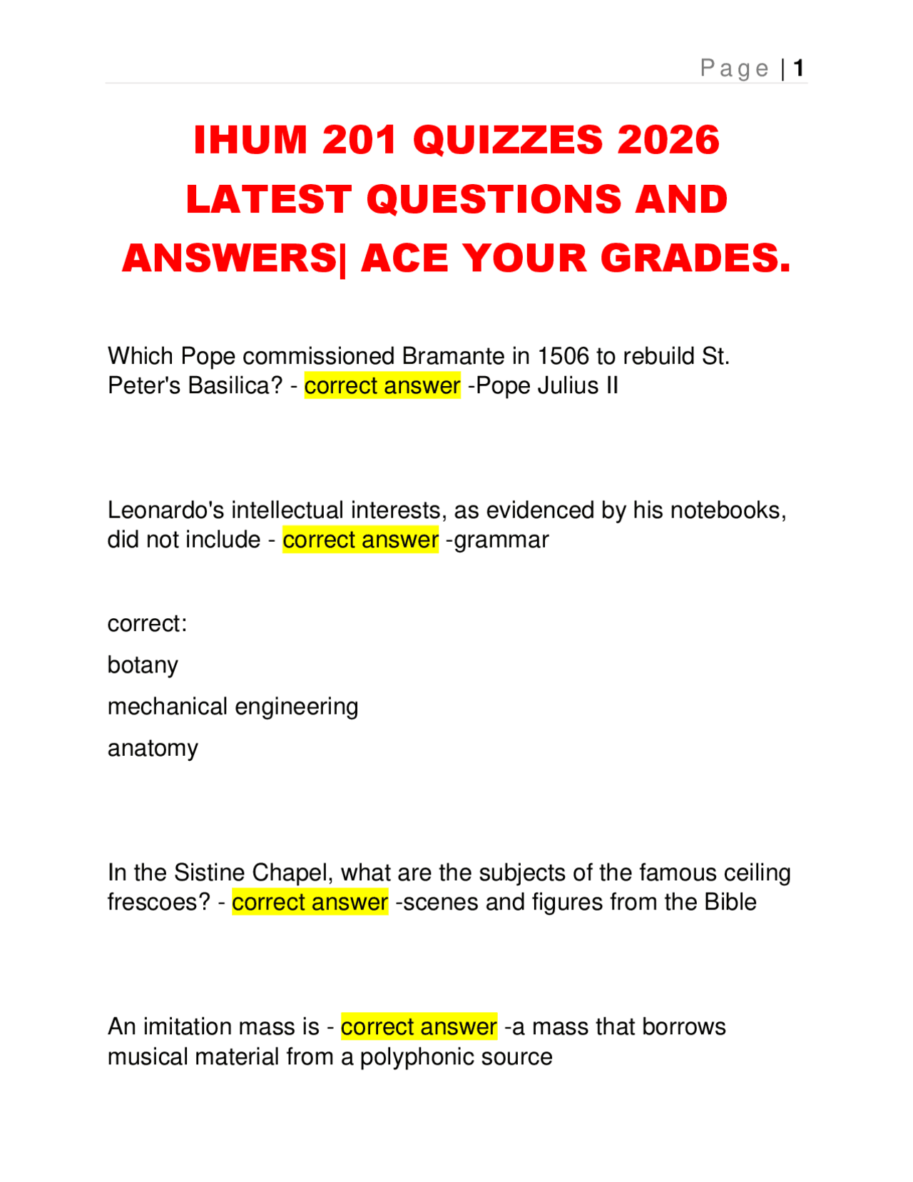 Ihum Fun IHUM 201 QUIZZES 2026 LATEST QUESTIONS AND ANSWERS| ACE YOUR GRADES ...