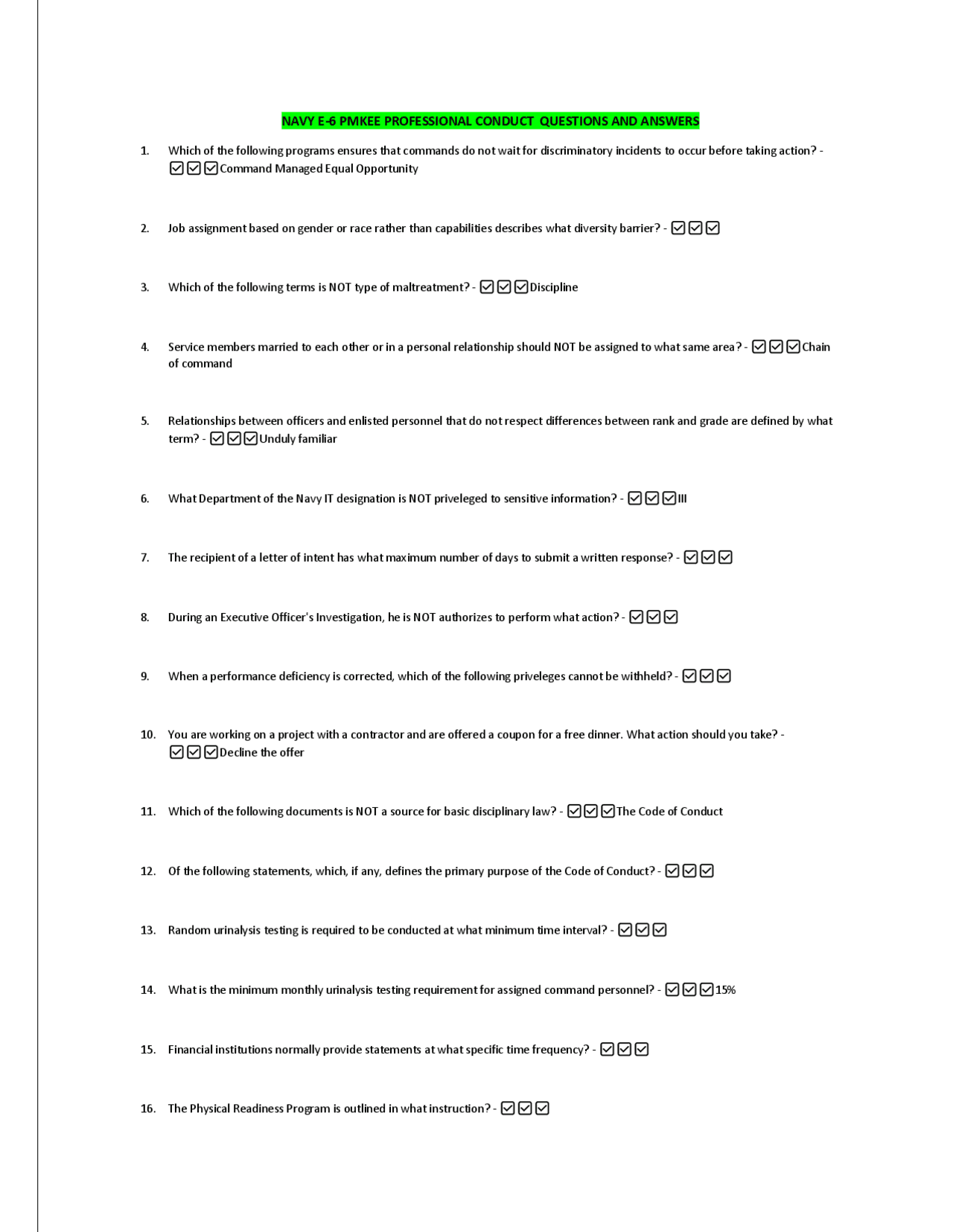 NAVY E-6 PMKEE PROFESSIONAL CONDUCT QUESTIONS AND ANSWERS | Exams ...