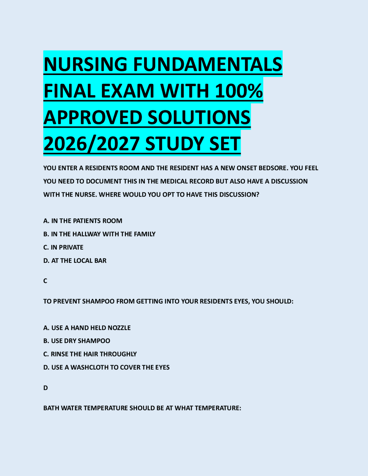 NURSING FUNDAMENTALS FINAL EXAM WITH 100% APPROVED SOLUTIONS 2026/2027 ...
