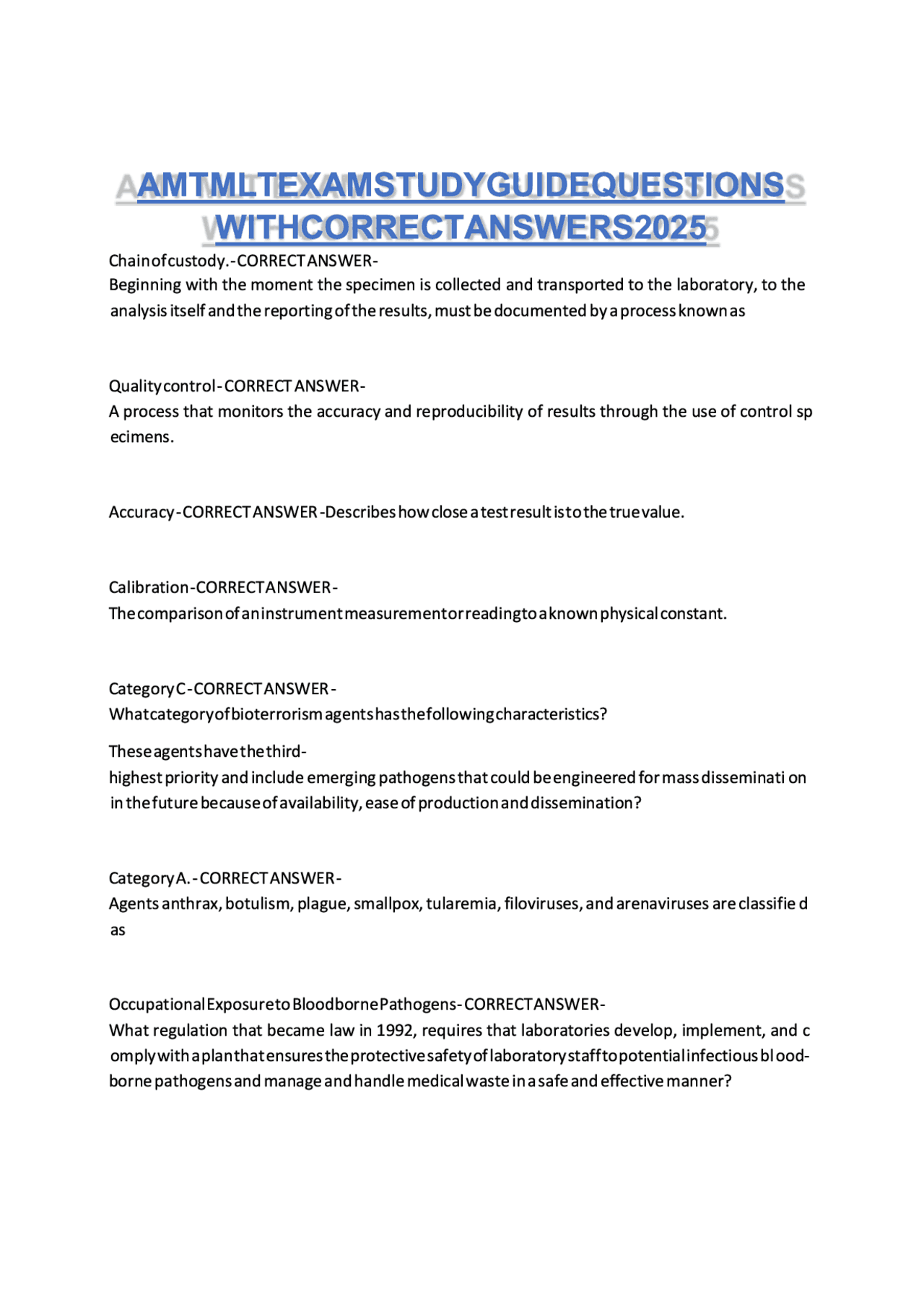 Mlt Comprehensive Exam Question Examples AMT MLT Exam Study Guide Questions with Correct Answers 2026 ...