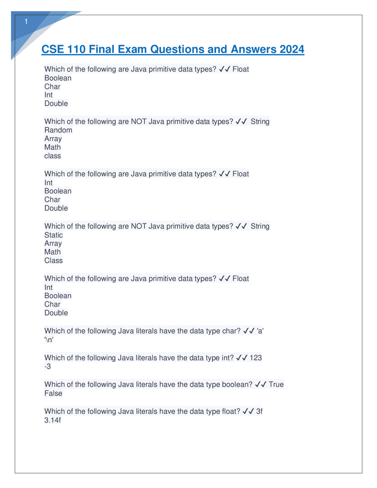 CSE 110 Final Exam Questions and Answers 2026. | Exams Nursing | Docsity