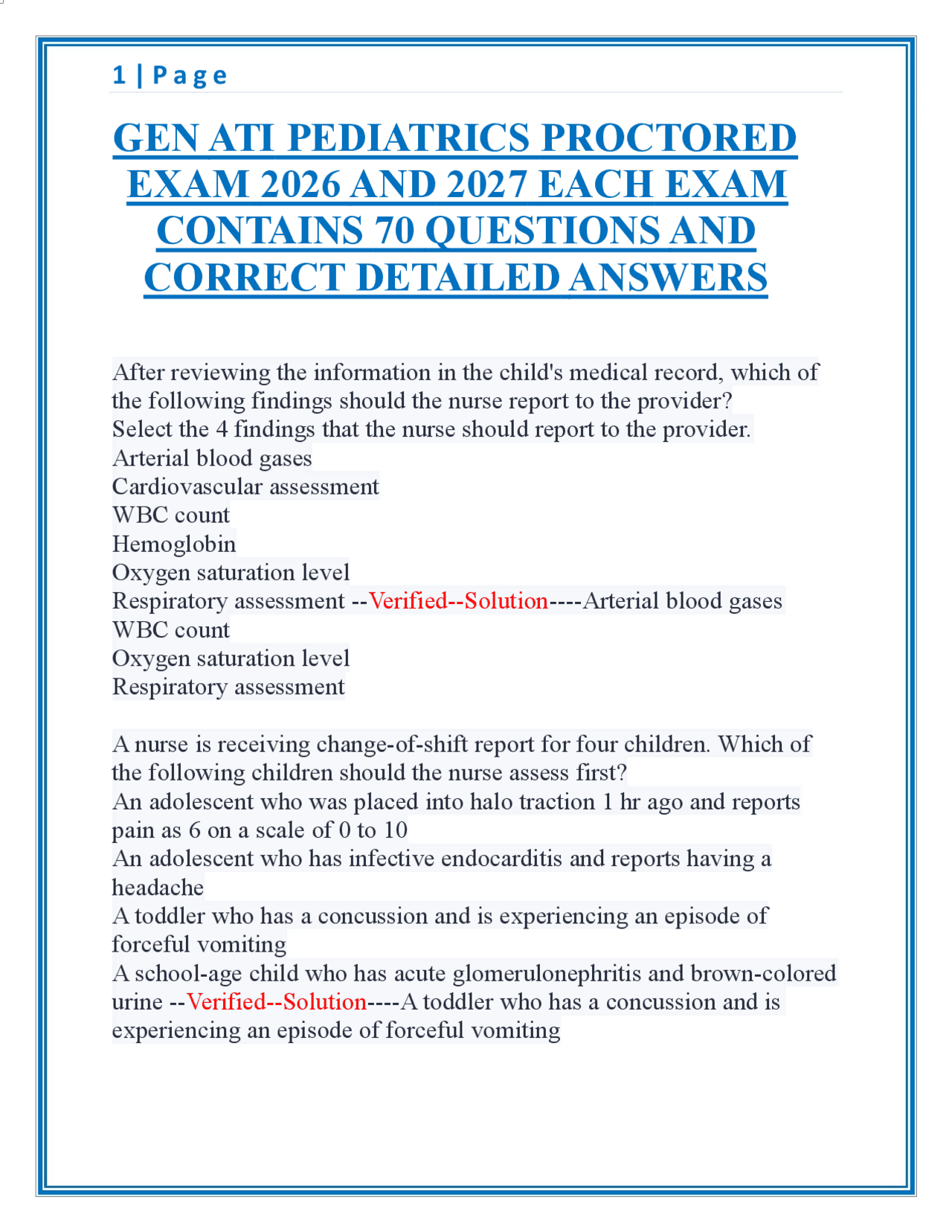 GEN ATI PEDIATRICS PROCTORED EXAM 2026 AND 2027 | Exams Nursing | Docsity