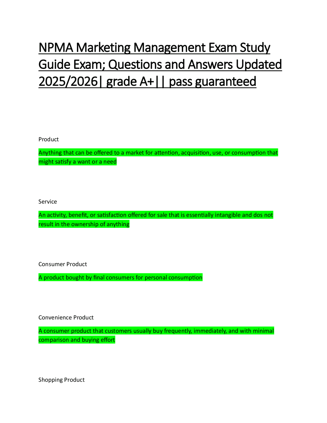 NPMA Marketing Management Exam Study Guide Exam; Questions and Answers ...