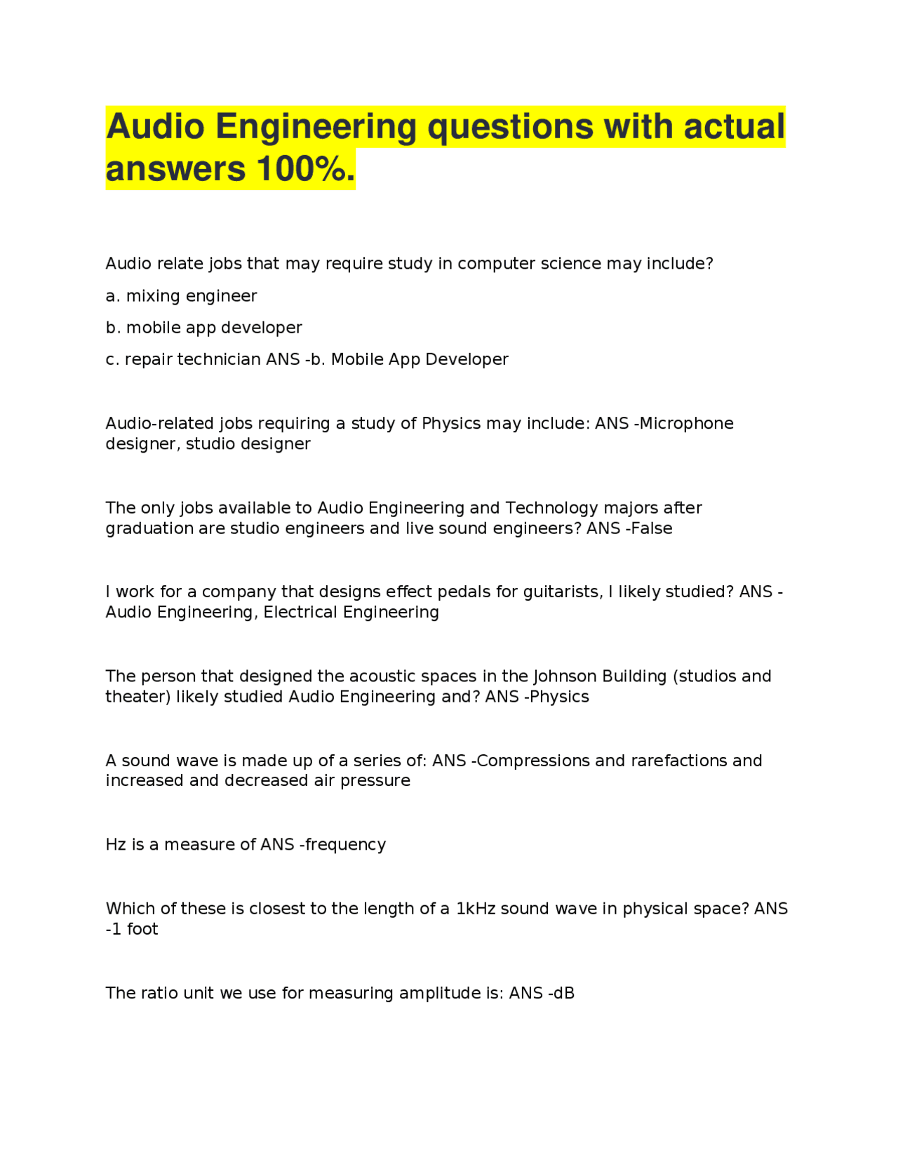 Audio Engineering questions with actual answers 100%. | Exams ...