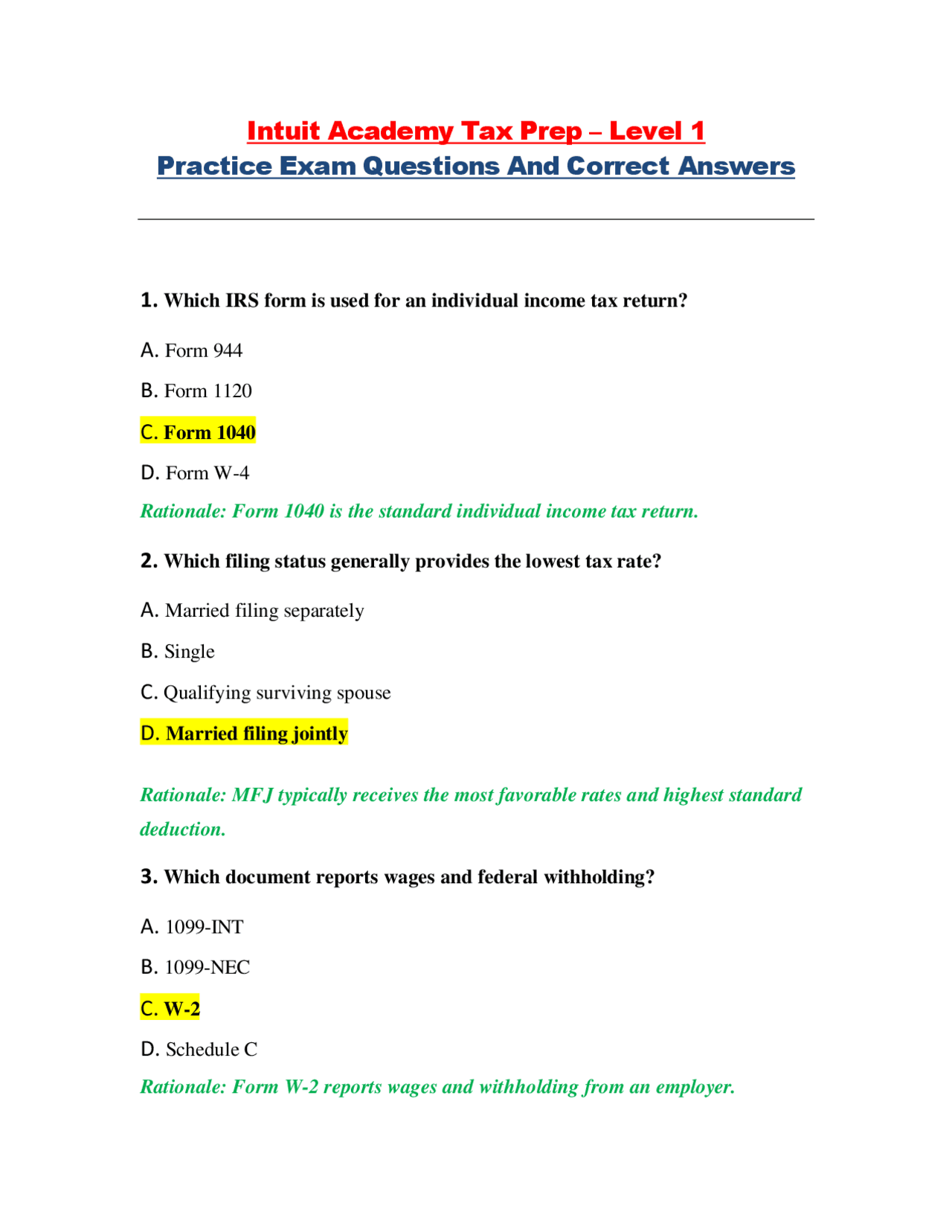 Intuit Academy Tax Prep Level 1 Practice Questions and Answers | Exams ...