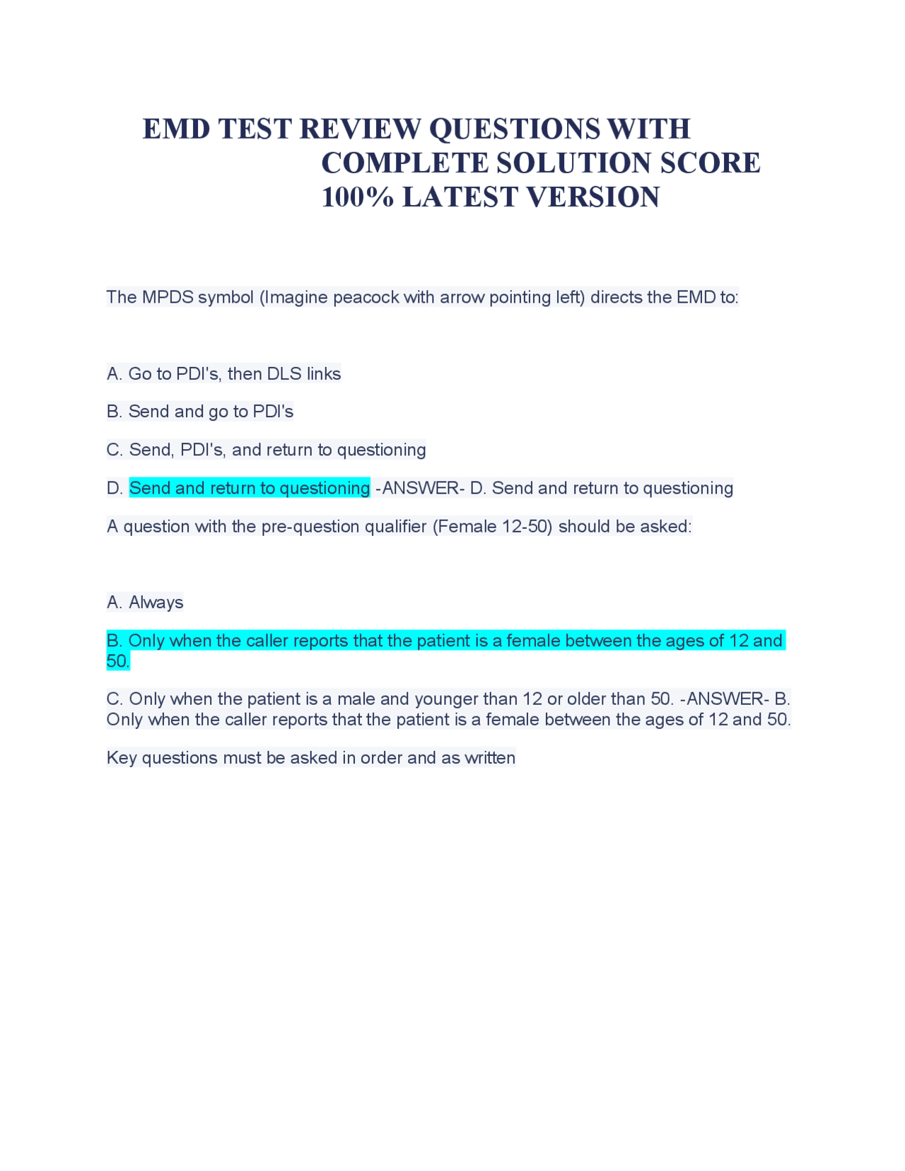 EMD TEST REVIEW QUESTIONS WITH COMPLETE SOLUTION SCORE 100 LATEST ...