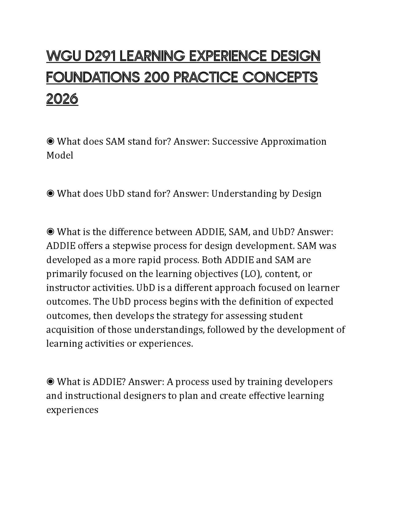 WGU D291 LEARNING EXPERIENCE DESIGN FOUNDATIONS 200 PRACTICE CONCEPTS ...